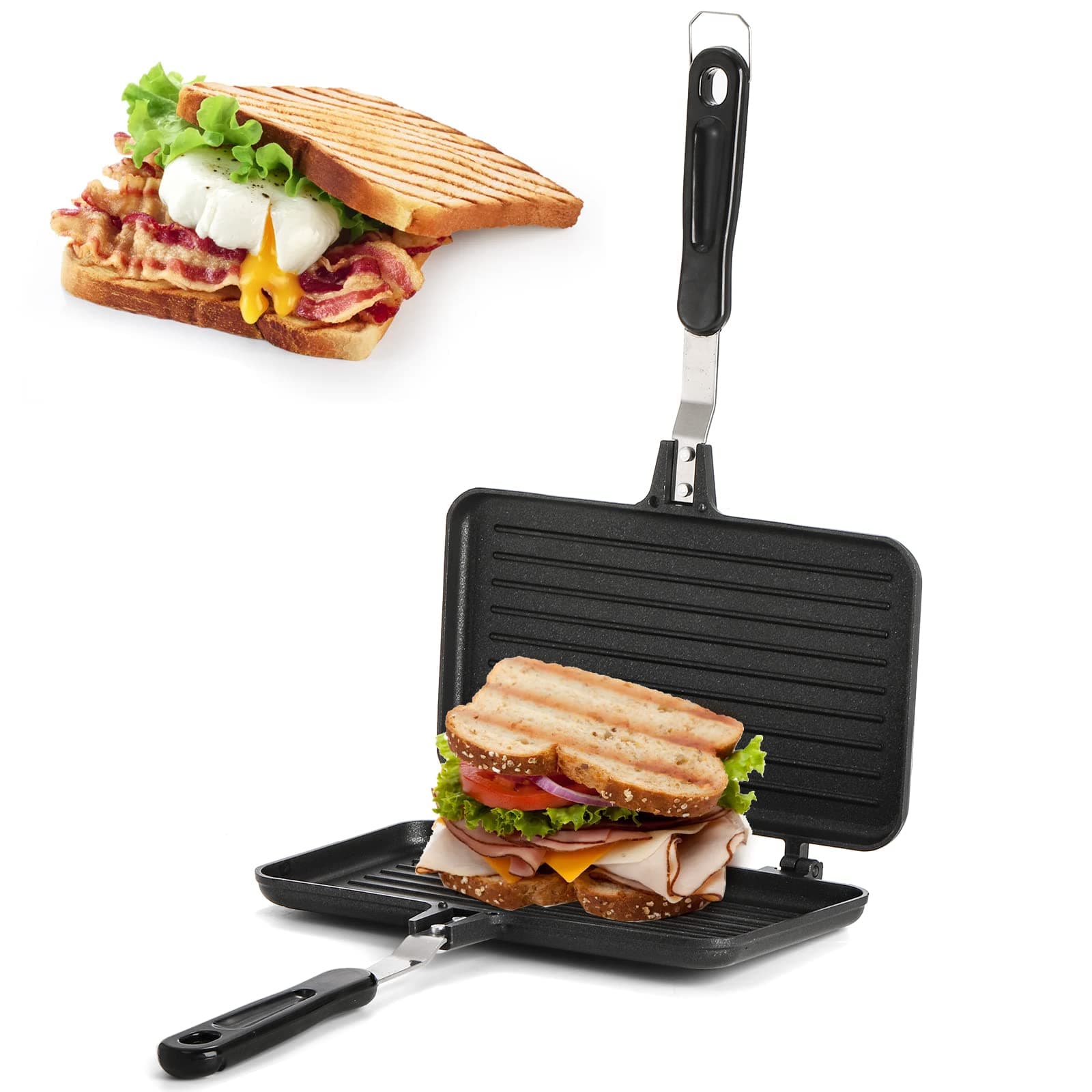 Sandwich Maker, Non-stick Grill Panini Maker Pan with Handle, Stovetop Toasted Aluminum Flip Pan Indoor Outdoor Camping Home Kitchen Breakfast
