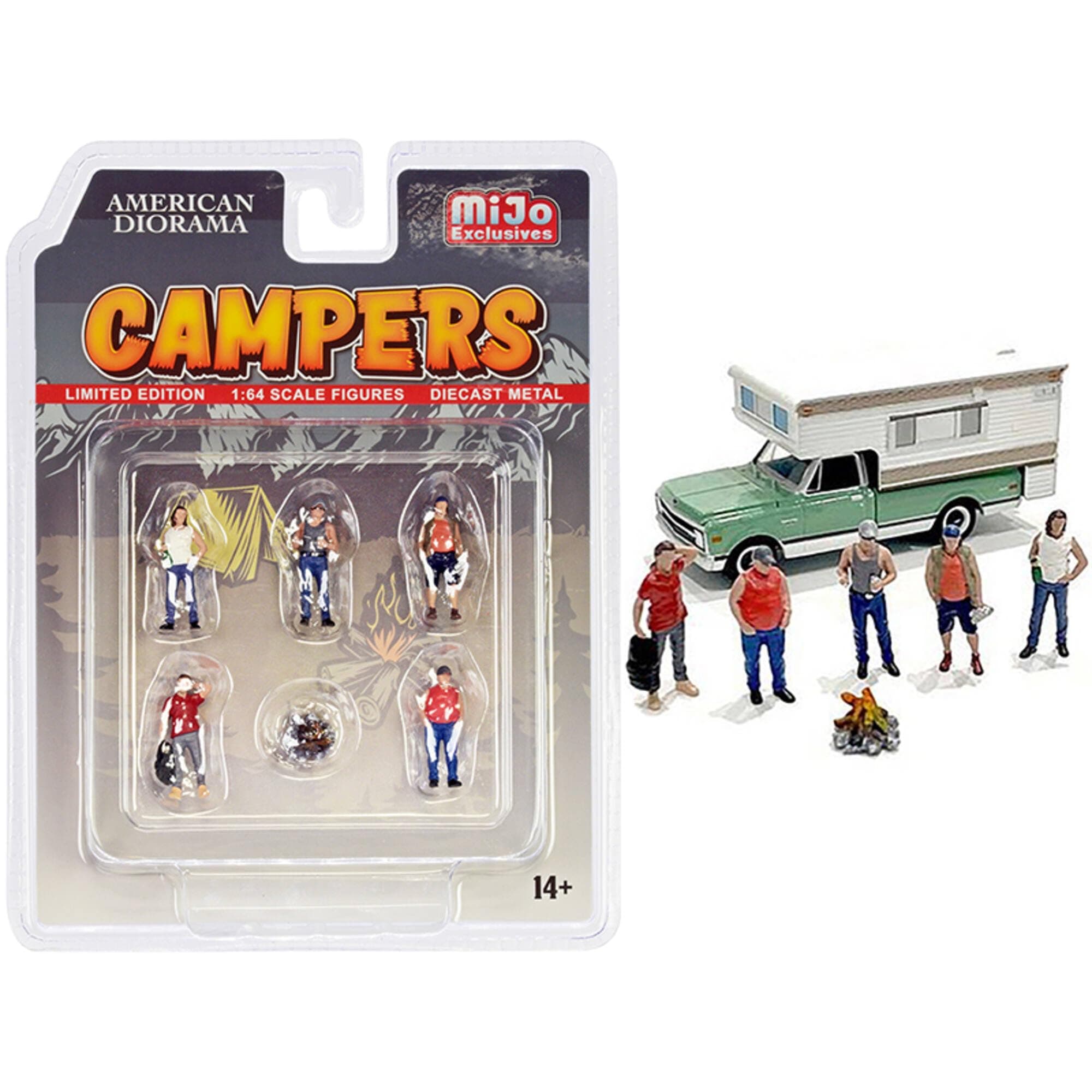 American Diorama Campers 6 Piece Diecast Set (5 Figurines and 1 Accessory) for 1/64 Scale Models 76489, AD76489