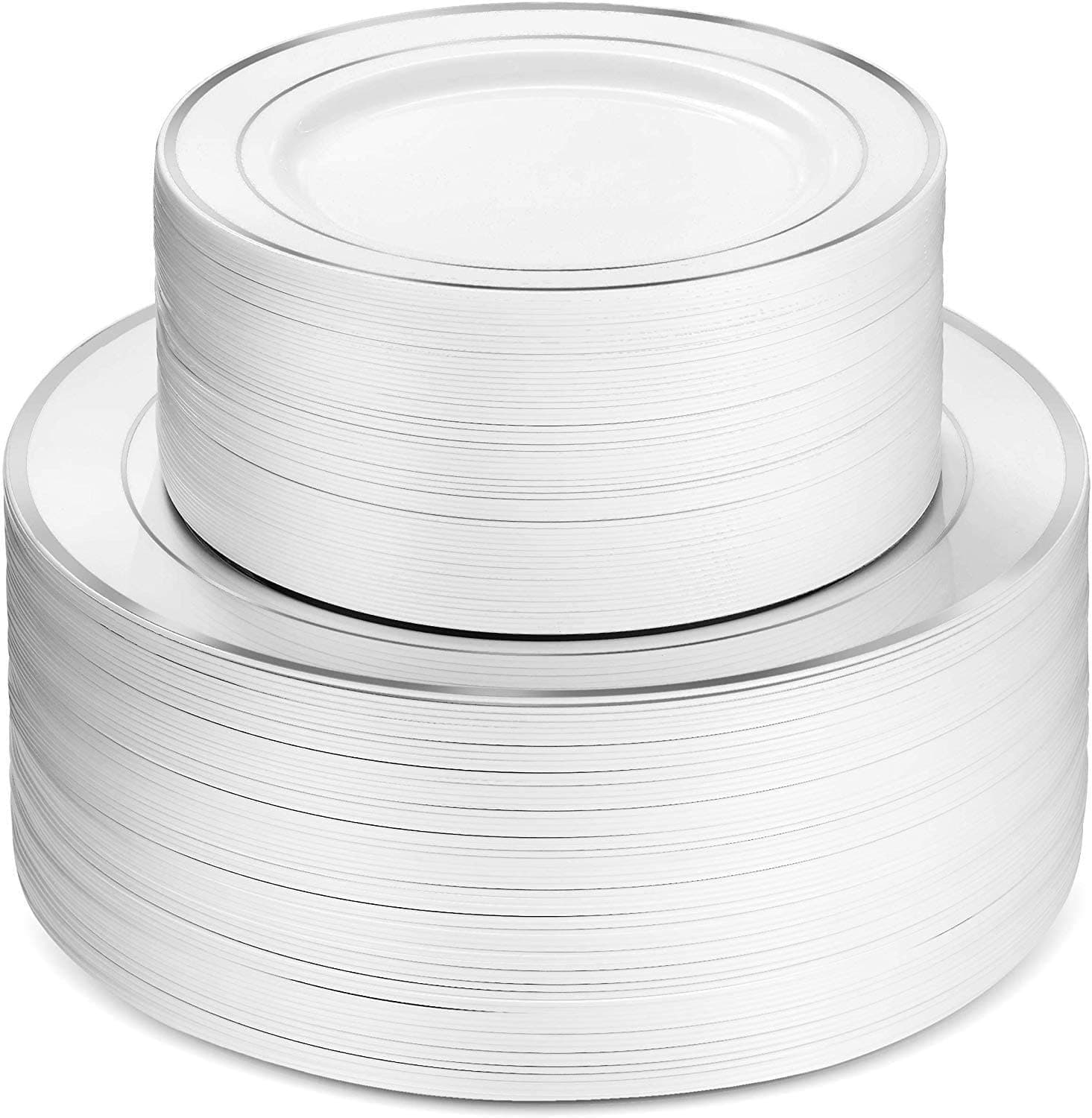 60Pcs Plastic Party Plates White Silver Rim, 30 Premium Heavy Duty 10.25 Inch Dinner Plates and 30 Disposable 7.5 Inch Dessert Appetizer Elegant Fancy Heavy Duty Wedding Plates