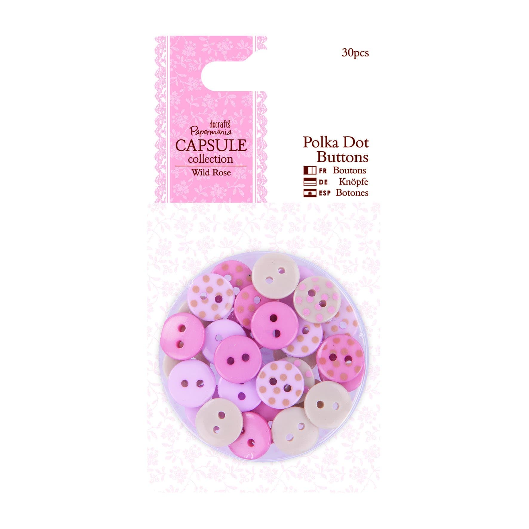 Papermania Capsule Collection Polka Dot Buttons, Pack of 30, Wild Rose