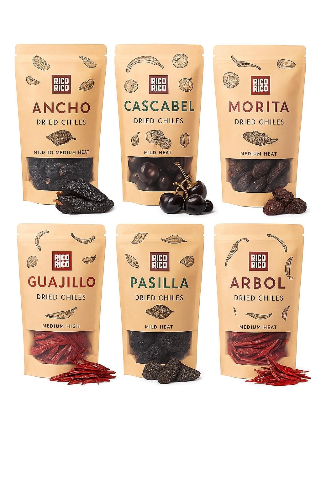 RICO RICO Dried Peppers 6 Pack Bundle - Ancho, Arbol, Guajillo, Pasilla, Chipotle Morita, Cascabel, 23 Oz Super Pack for Authentic Mexican Recipes, Resealable Bags