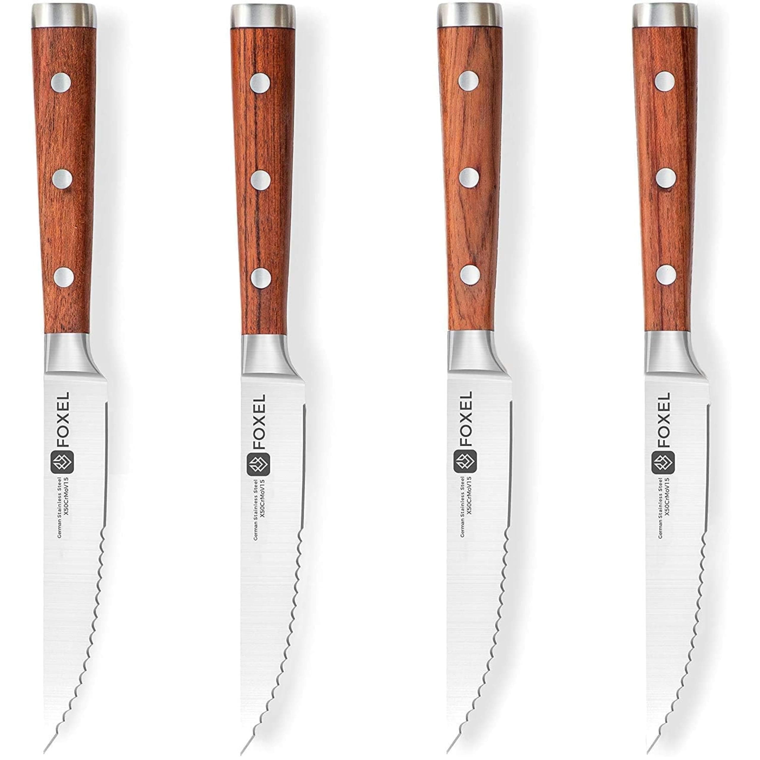 FOXEL Premium Classic Rosewood Handle Steak Knife Set Gift Box, Sharp Rust-Proof German Stainless Steel Serrated Blade, Perfect Gourmet Cutlery Gift