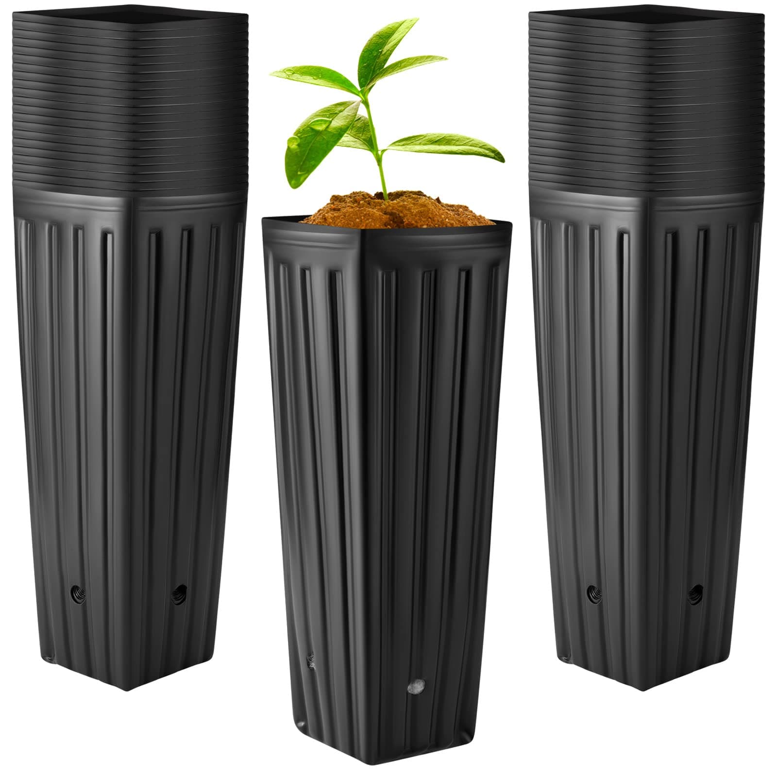 Nuenen 100 Pcs Tall Tree Pot Plastic Deep Plant Nursery Pots Black Seedling Treepots Flower Plant Container with Drainage Holes for Indoor Outdoor Gardening (11.8" H X 3.9" W)