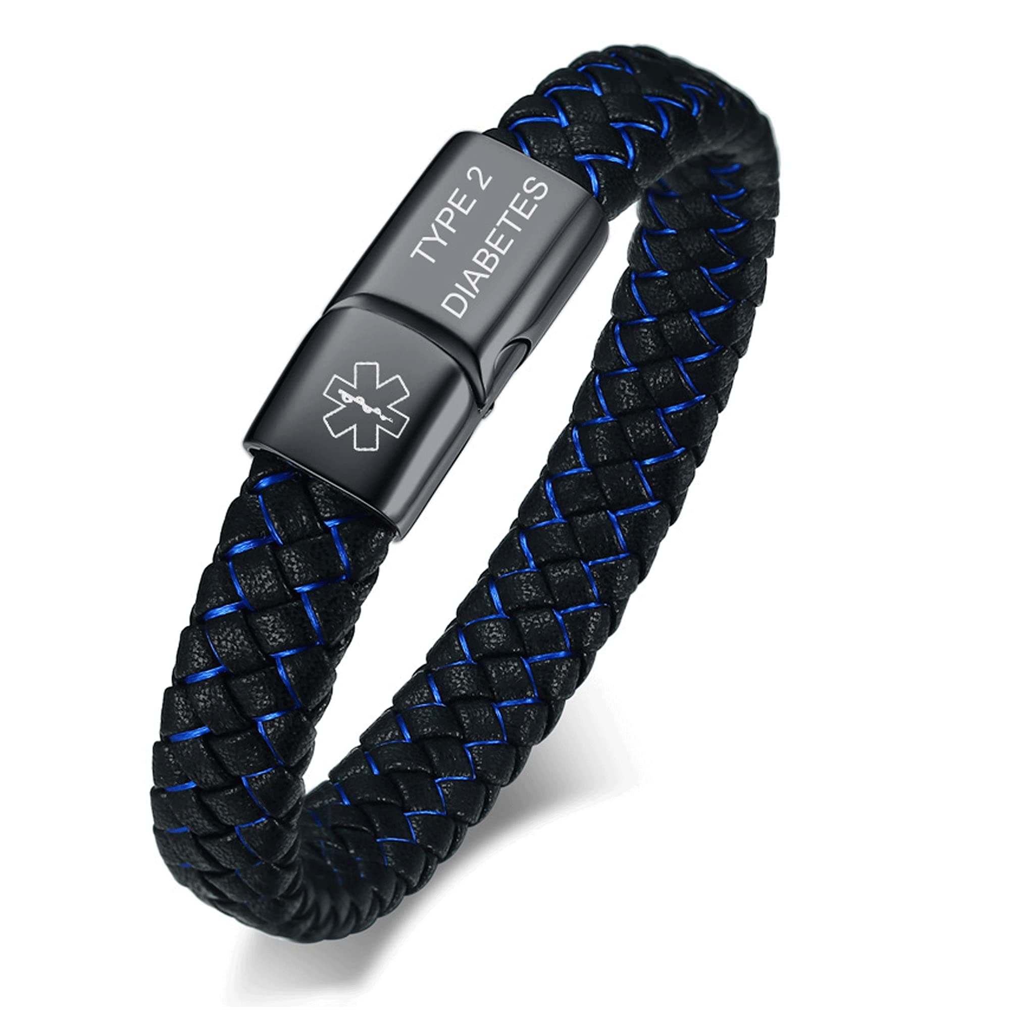 VNOX Blue Braided Leather Medical Symbol Caduceus with Magnetic Clasp Cuff Wristband Bracelet,6-8.3 Inches