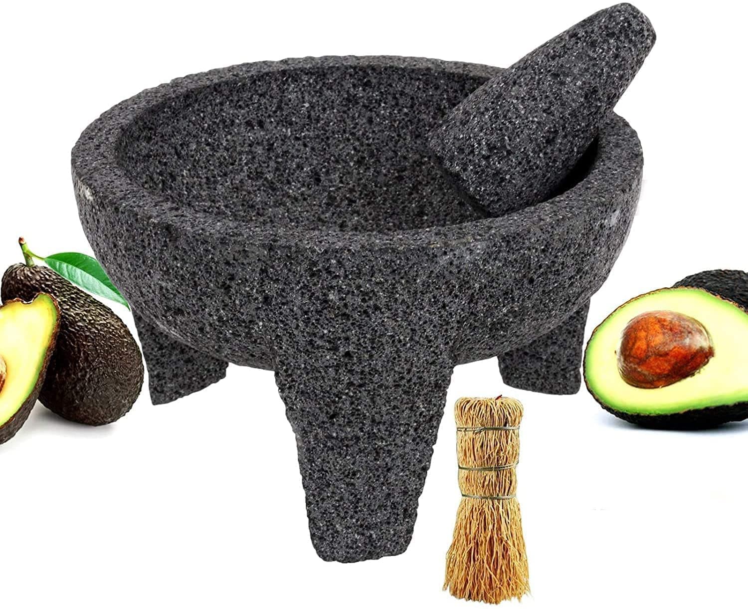 EMATIK Molcajete 10” Mortar & Pestle with free Root Brush, Salsera Salsa Guacamole Tejolote Lavastone Aztec Mayan Toltec Volcanic Rock Ancient Traditional Pre-Hispanic Antique