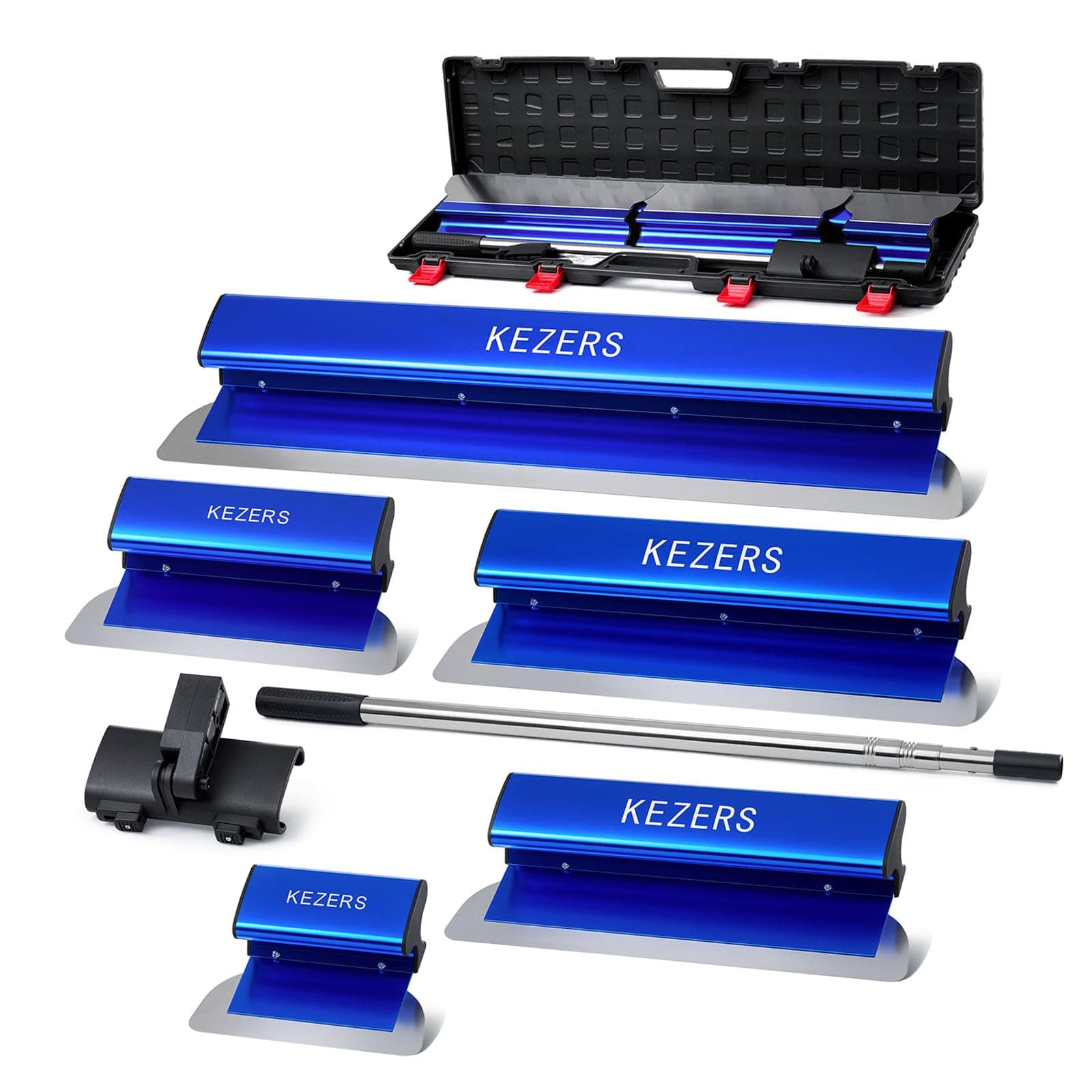 KEZERS Drywall Skimming Blade Set-7",10",14",16" & 24" Skimming Blades + 35"-81" Extension Handle, Stainless Steel Construction Knife,Smoothing Drywall Knife,Extruded Aluminum,High Impact End Caps