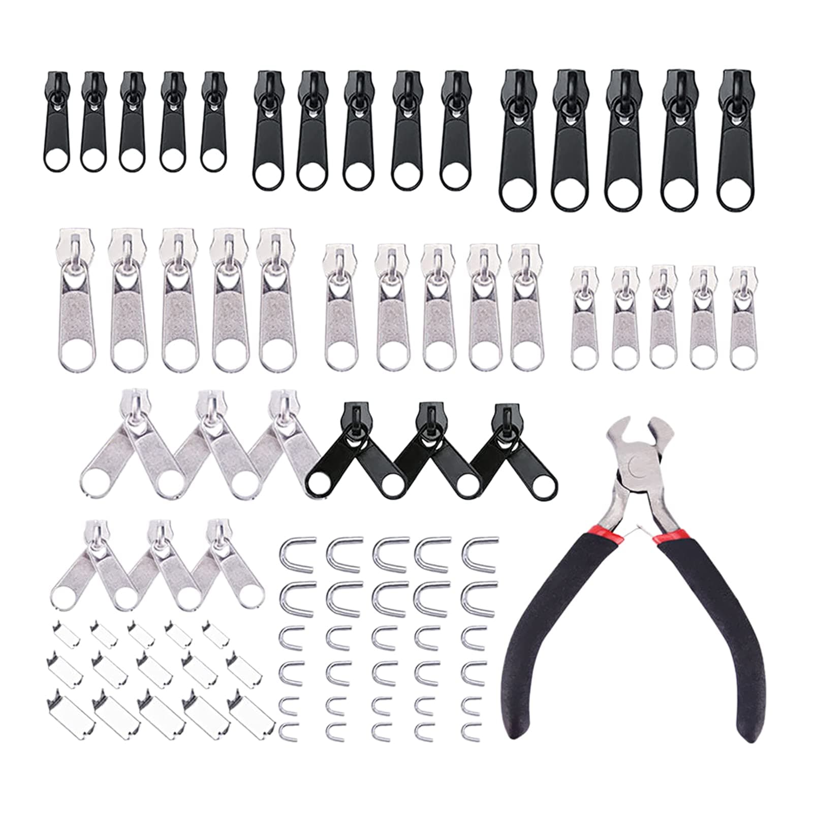 Bncxdc 85 Pieces Zipper Repair Kit, Metal Zipper Slider Replacement Kit, Zip Puller Tabs Fixer with 4.5 inch Zipper Pliers, Zipper Pulls Set for Repair Jeans, Coats Zipper - Silver/Black