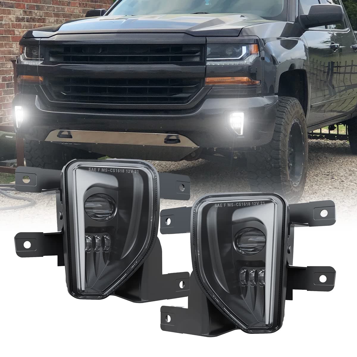 LED Fog Lights Assembly Compatible with 2016 2017 2018 Chevy Silverado 1500 models DOT Bumper Driving Lights Fog Lamps Replacement with DRL Halo Black