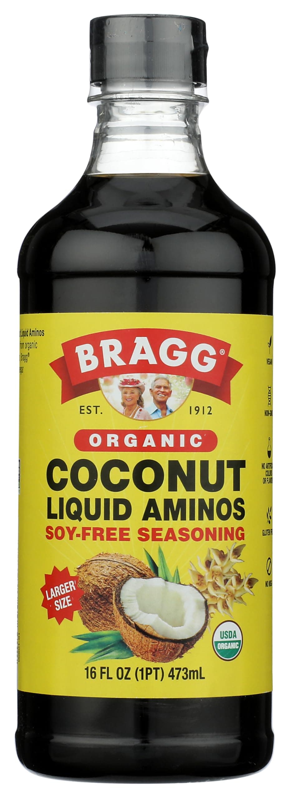 Bragg Organic Coconut Aminos – 16oz, Soy-Free Alternative, Gluten-Free, Dark & Rich Flavor for Cooking – Vegan, No Salt Added, Packed with Amino Acids – Plant-Based Seasoning & Marinade