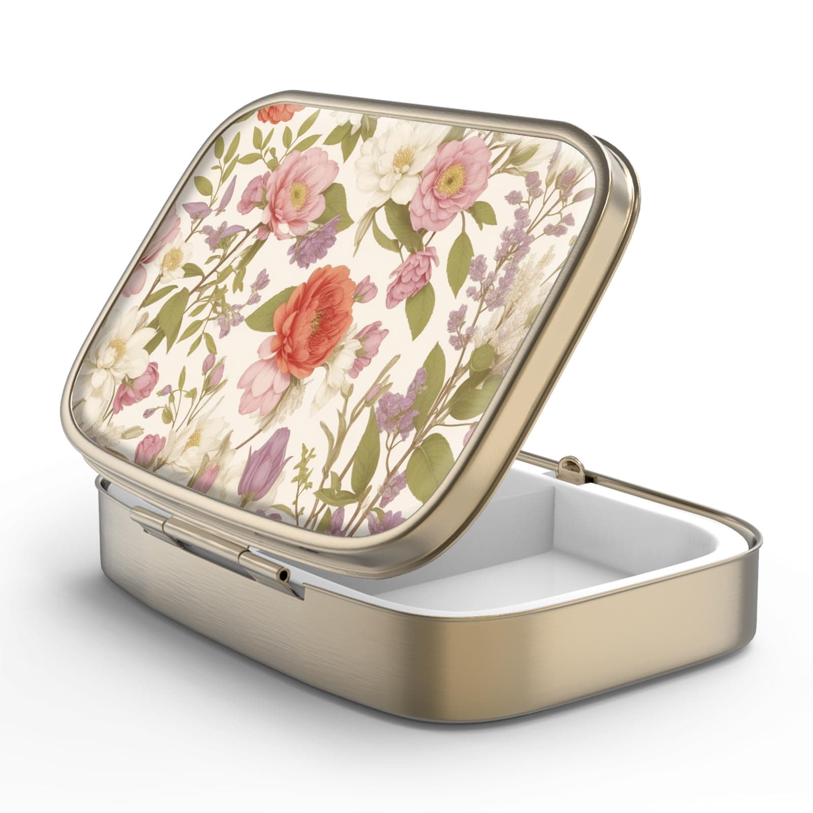 Hion Pill Case Pill Box with Mirror Retro 2 Compartment Small Pill Case for Purse or Pocket Bronze Rectangular Pill Box Decorative Metal Medicine Vitamin Organizer Unique Gift(Retro Red Flowers)