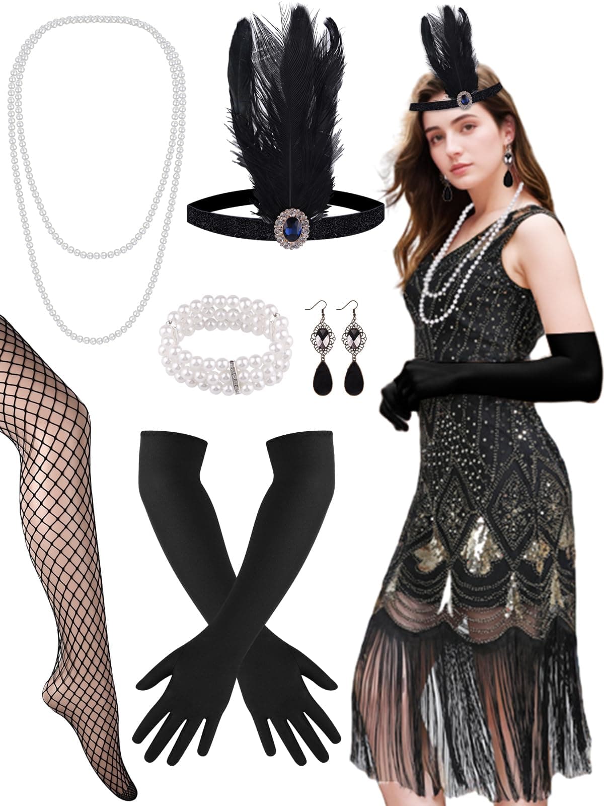 1920s Dresses for Women, Sequin Fringed Gatsby Flapper Cocktail Dresses with 20s Accessories Set, Roaring 20s Costumes