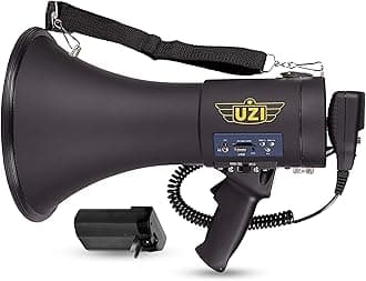 Uzi High Power Loud Big Bluetooth Megaphone 50W, Real Siren, Bullhorn, Rechargeable Battery, Portable Speaker, PA System, Adjustable Volume, Outdoor Activities, Coaching, Football, Baseball, Hockey