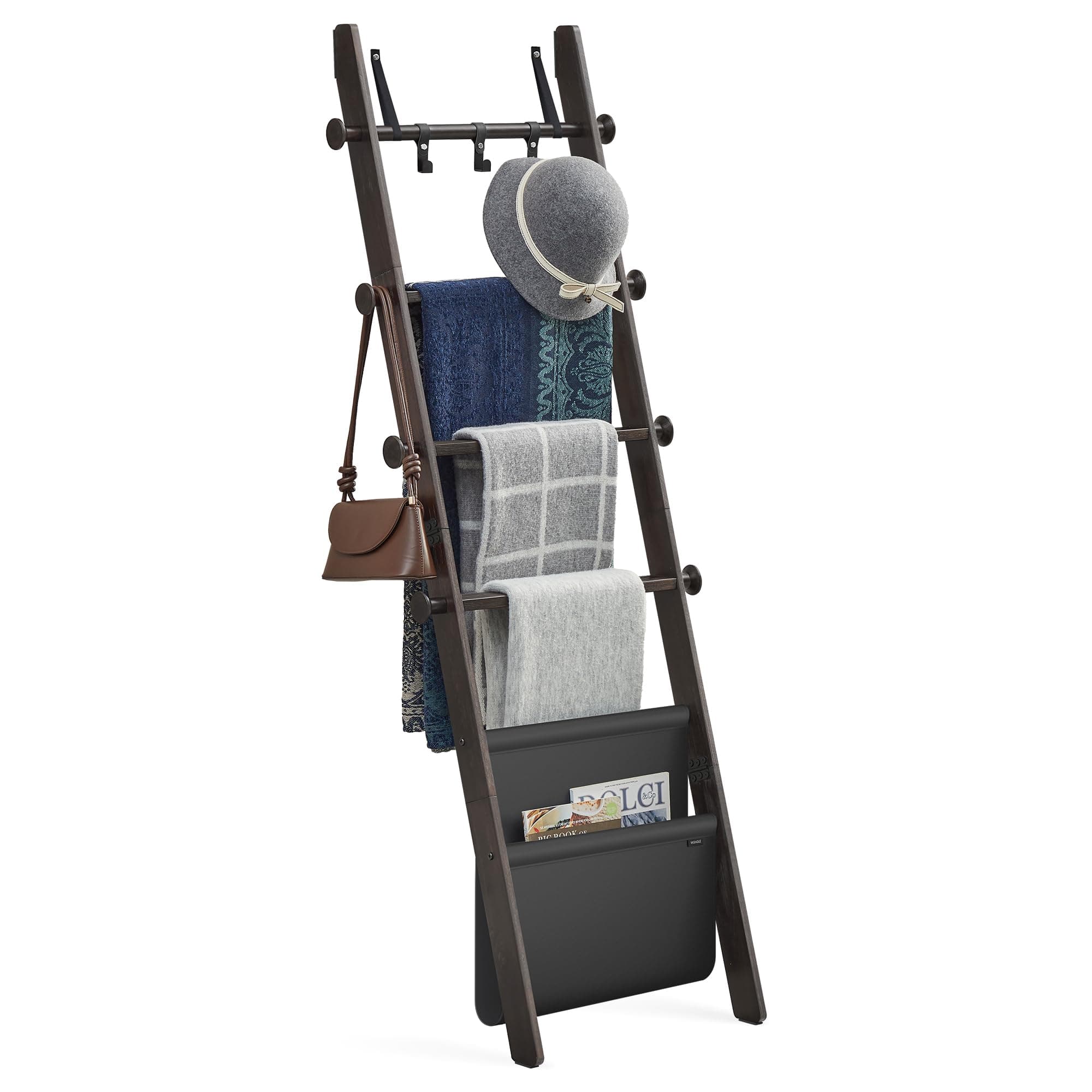 VASAGLE Blanket Ladder for Living Room, 5-Tier Wooden Ladder Shelf, Decorative Farmhouse Blanket Rack with Synthetic Leather Bag, Metal Hooks, Side Hooks, for Bedroom, Ink Black ULLS022B01