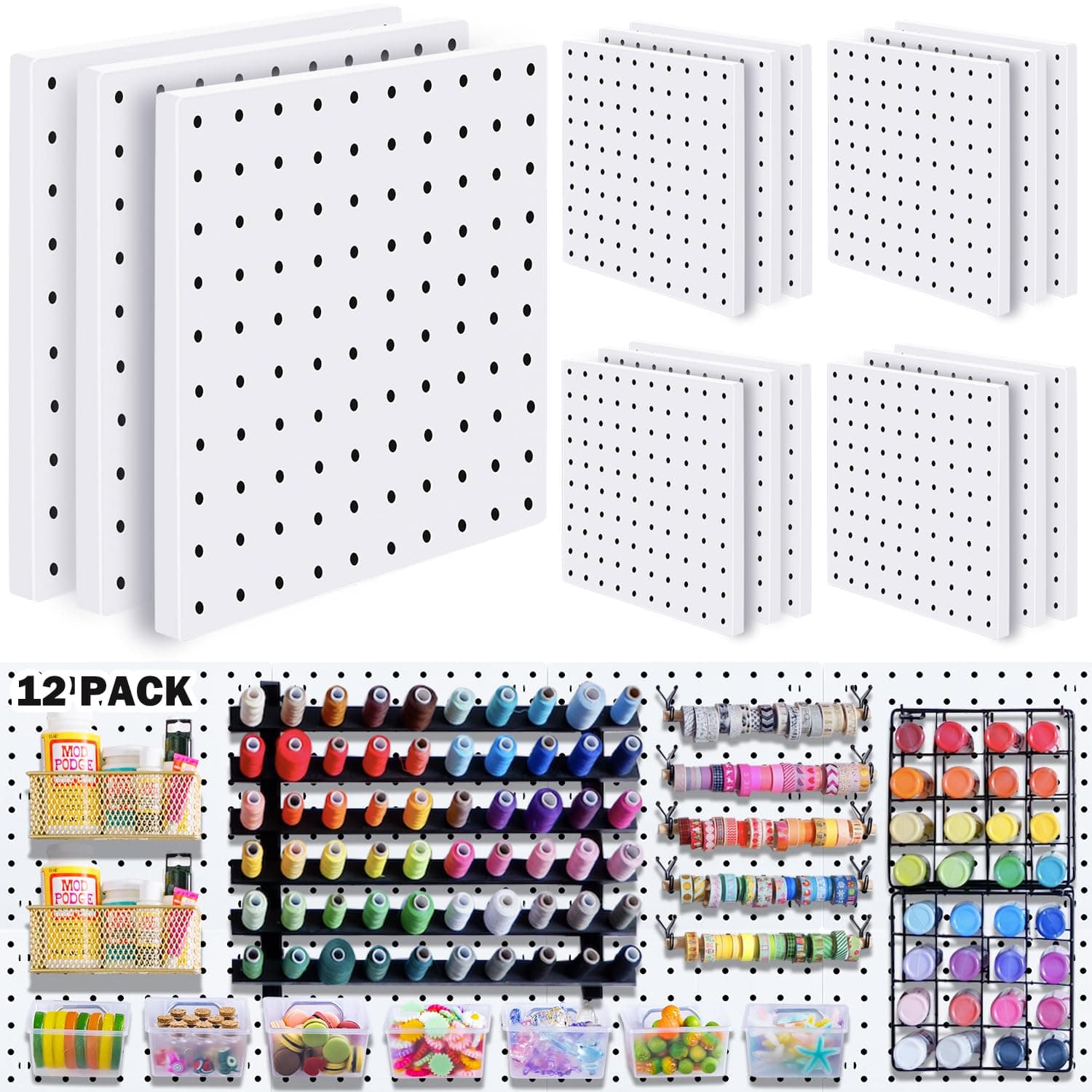 SKYFOOST 12Pcs Pegboard, Pegboard Wall Organizer, Peg Boards for Walls Craft Room, Pegboard Kits fit Garage Kitchen Workshop, Small Pegboard, Peg Board Organizer Accessories - White Pegboards Panels
