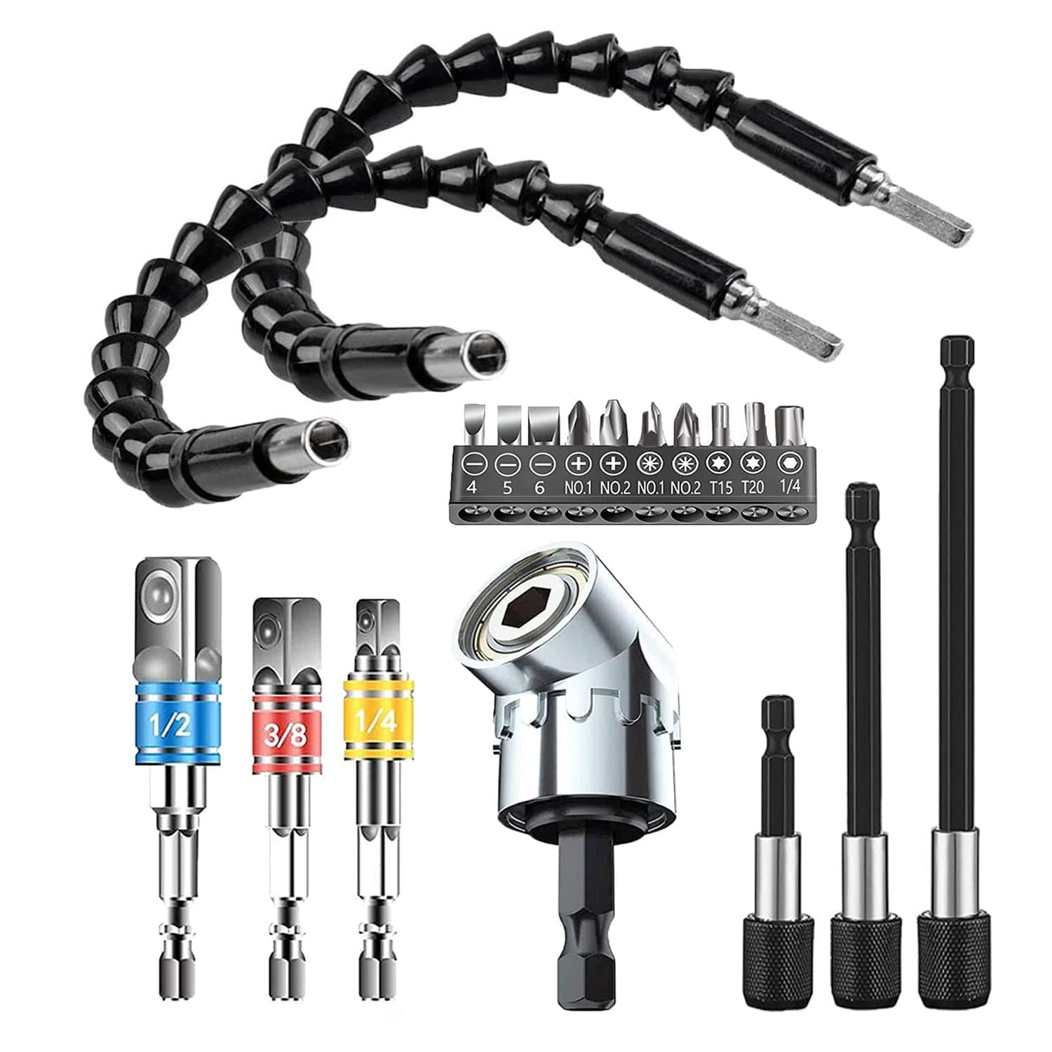 MXiiXMFlexible Drill Bit Extension Set 10pcs, Hex Shank 105°Right Angle Drill Bit Attachment, 3pcs 1/4 3/8 1/2" Universal Socket Adapter Set, 3pcs Drill Bit Holder Extension, Screwdriver Bit Set …