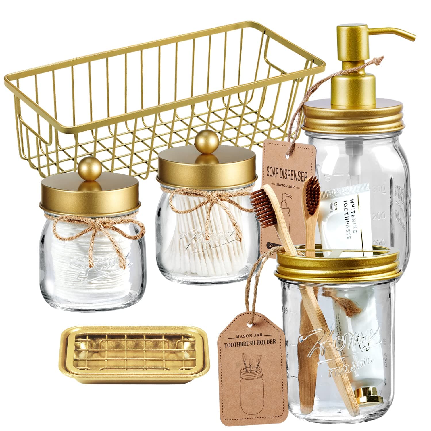 SheeChung 6Pcs Mason Jars Bathroom Accessories Set Complete - Toothbrush Holder, Lotion Soap Dispenser, 2 Mason Jars, Soap Dish, Toilet Paper Basket, Rustic Farmhouse Decor (Gold, 6Pcs Bathroom Set)
