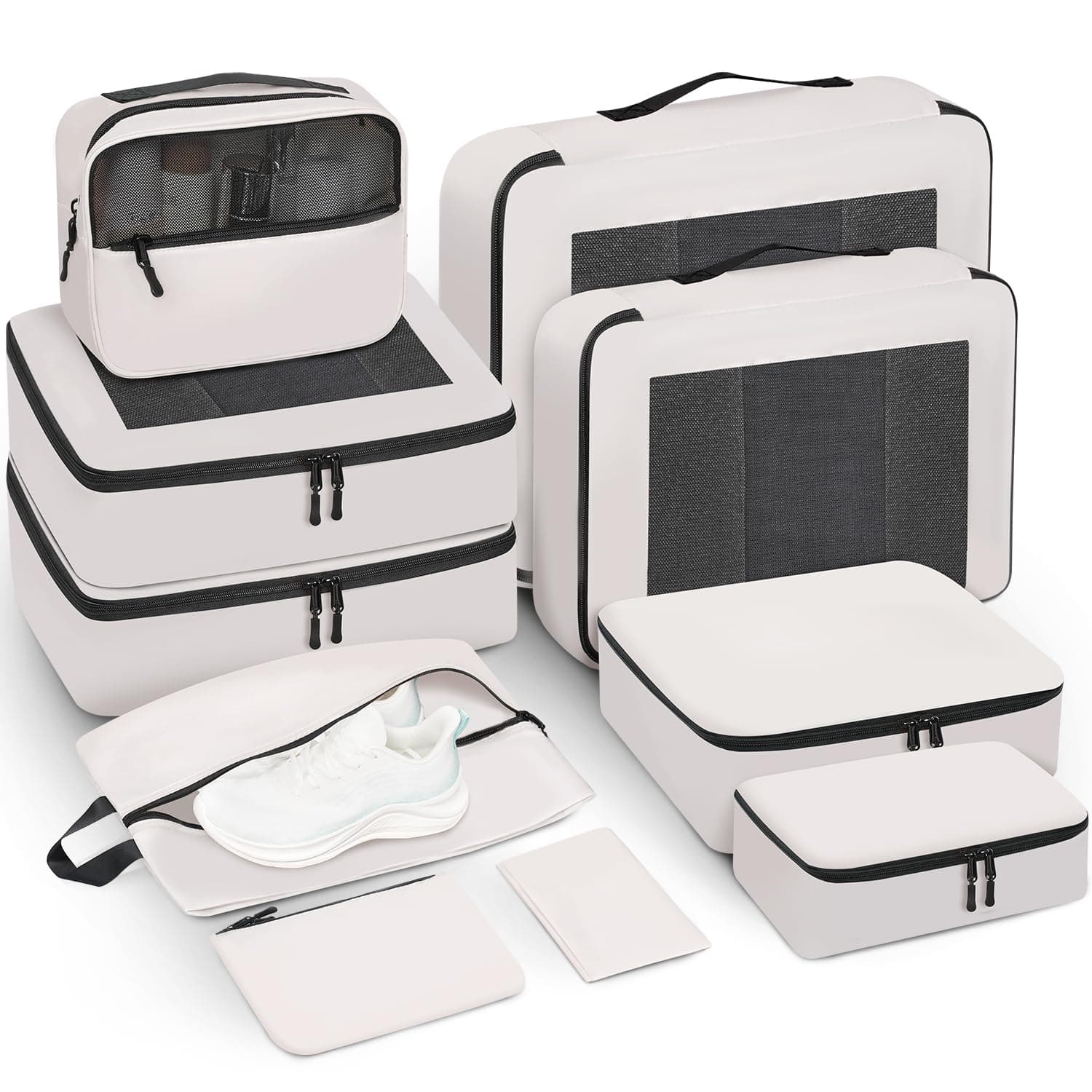 Packing Cubes for Travel | 10 Set Cream |Durable Luggage Organizer 4 Size(Extra Large, Large, Medium, Small),Comprehensive Cubes for Toiletry,Underwear, Shoe,Travel Essentials,Efficient Women Gifts