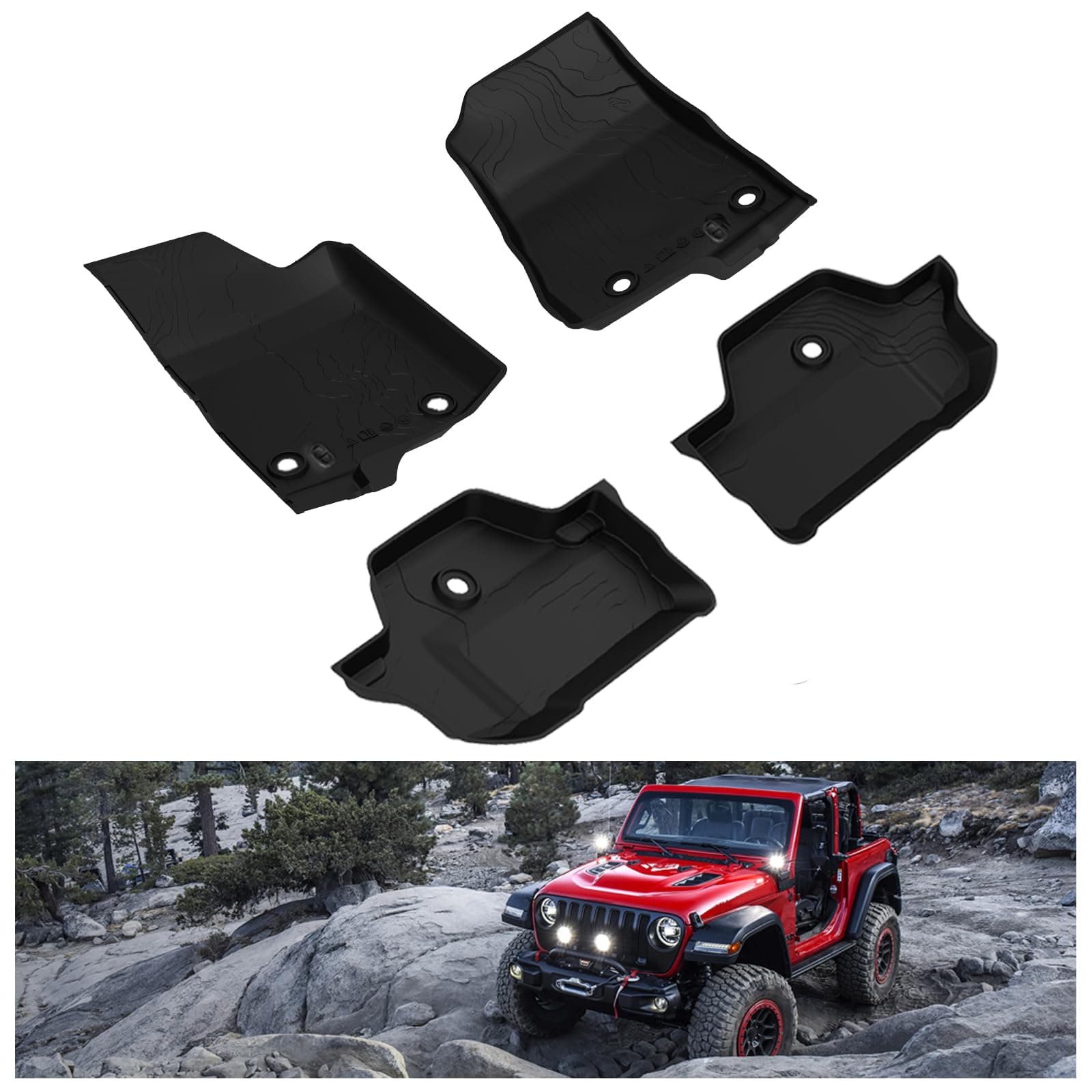 KIWI MASTER Floor Mats for 2018-2026 Jeep Wrangler JL 2-Door, OEM Replacement 82215202AE, Custom Fit All Weather Car Mats, Heavy Duty TPE Floor Liners, Front & Rear 2 Row, Black