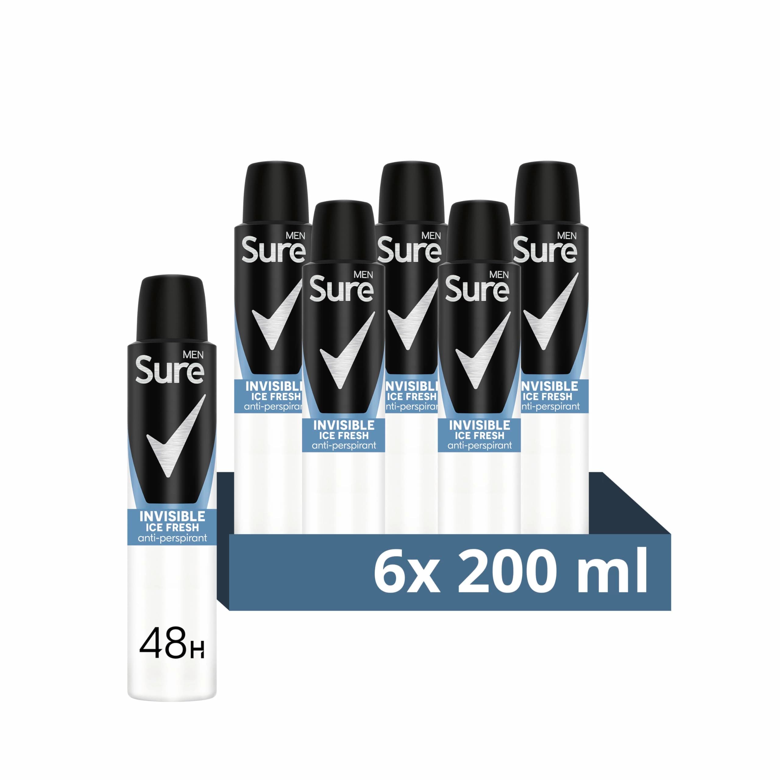Sure Men Invisible Ice Fresh Anti-Perspirant Aerosol Men's Deodorant that protects against white marks and yellow stains for 48 hour protection against sweat and odour 6x 200 ml