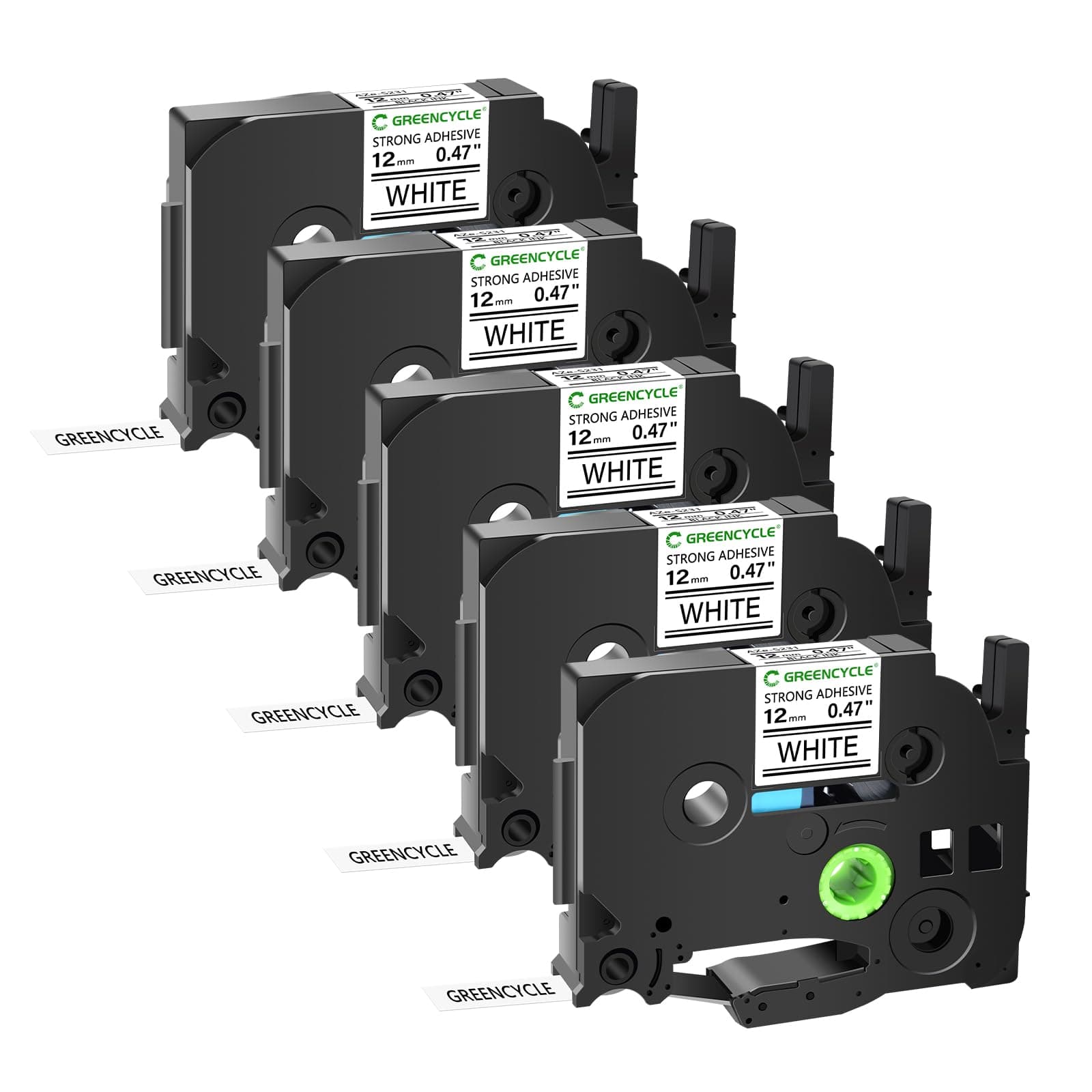 GREENCYCLE Extra Strength Adhesive Black on White Label Tape Compatible for TZE-S231 TZ-S231 TZe-231 TZ-231 12mm 0.47 Inch for PT-D600 PT D210 PT-H100 PTH110 Label Maker, 5 Pack