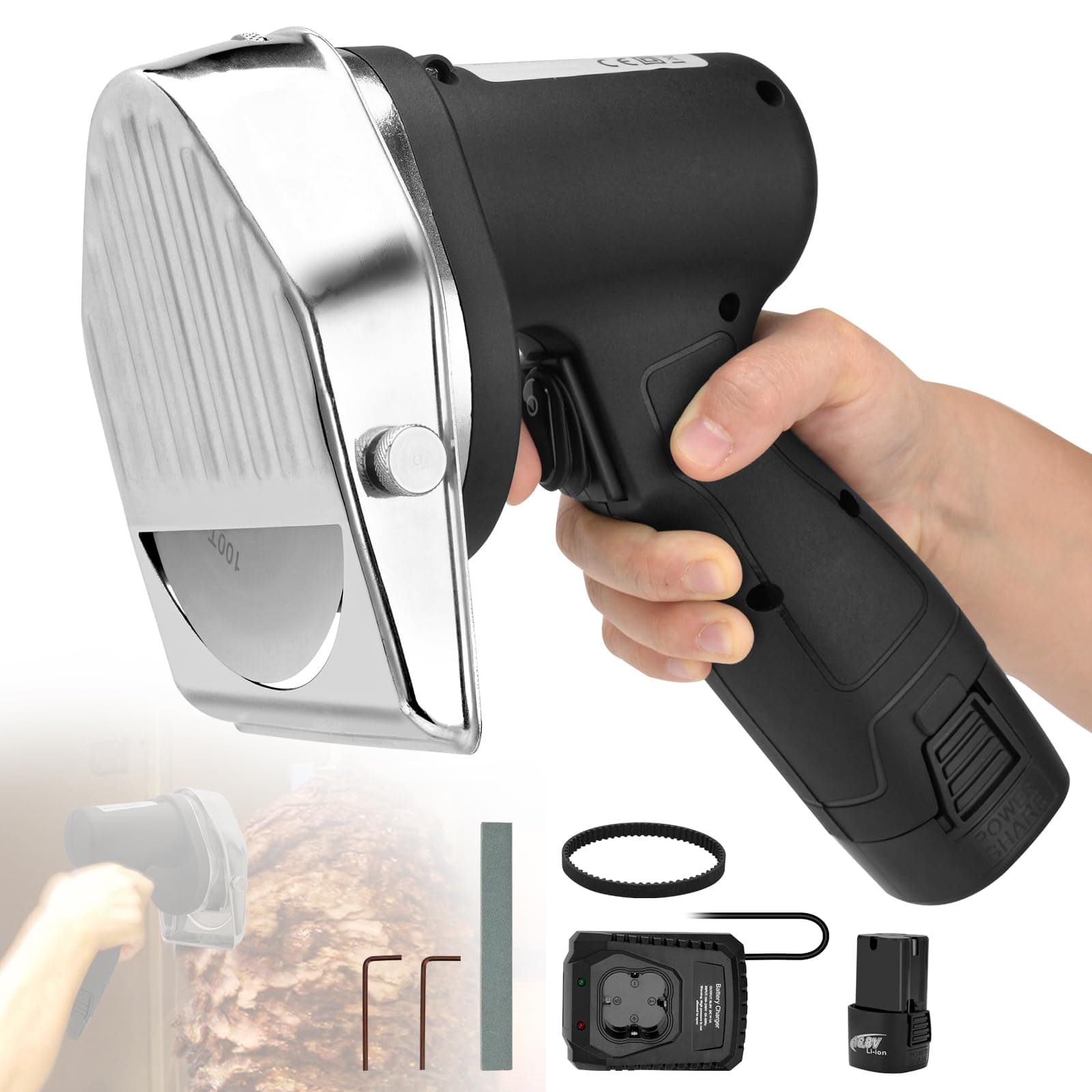 Cordless Electric Gyro Kebab Slicer,80W Portable Sliced Shawarma Cutter Doner Kebab Cutting Knife Machine,with Fast Charger and 2 Rechargeable Power,0.02-0.31"Thickness