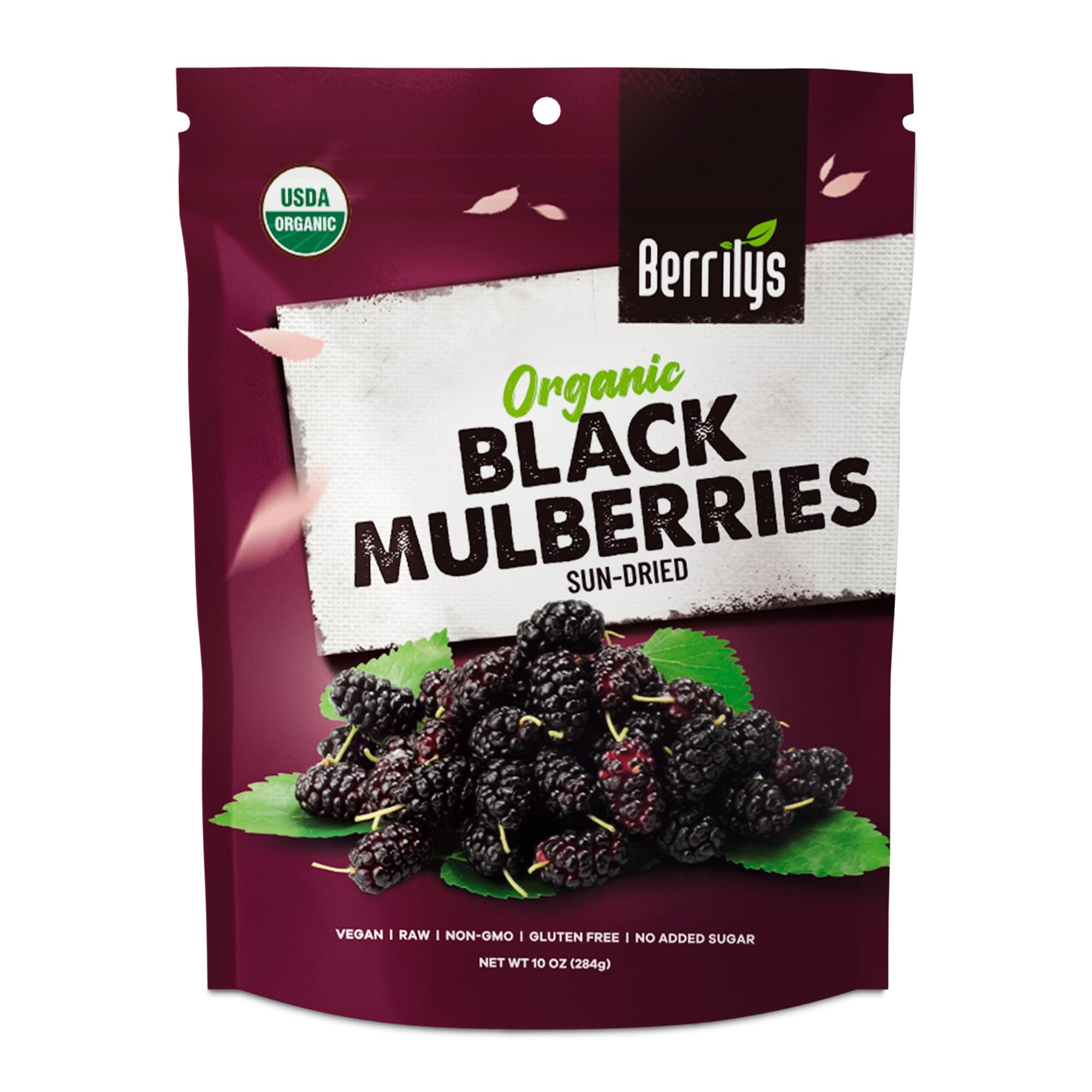 Berrilys Organic Dried Mulberries, Black, Dried Mulberry, Non-GMO, Unsulfured, Raw, 10 oz, Healthy Snacking, Great Ingredient for Baking Purposes, Vegan, Natural