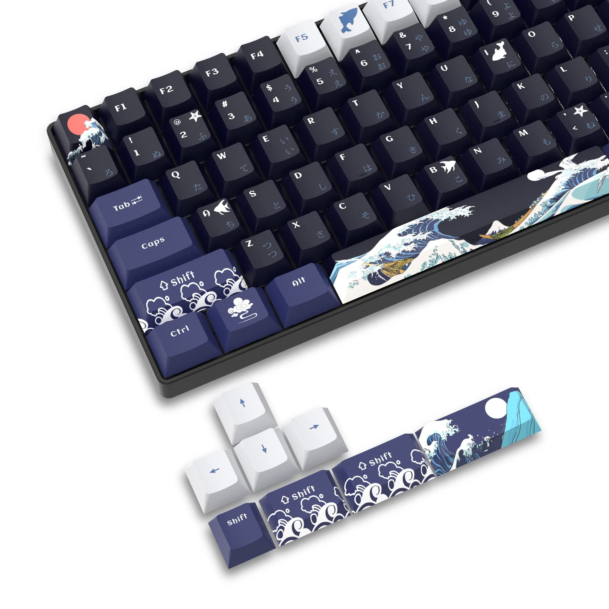 XVX PBT Keycaps 132 Keys, Great Wave Off Kanagawa Japanese Keyboard Keycaps, 5 Side DYE-Sub Custom Keycap Set, Cherry Profile Keycap for Cherry Gateron MX Switches Mechanical Keyboard
