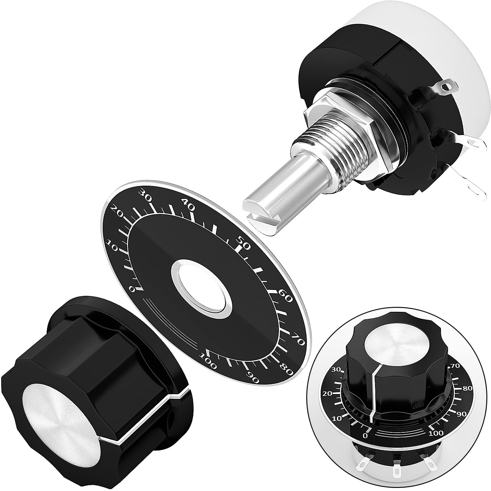 Joinfworld 10K Potentiometer Single Turn Carbon Film Rotary Potentiometer 10K Ohm with A03 Knob & Dial for Inverter Speed Regulation Motor Speed Control