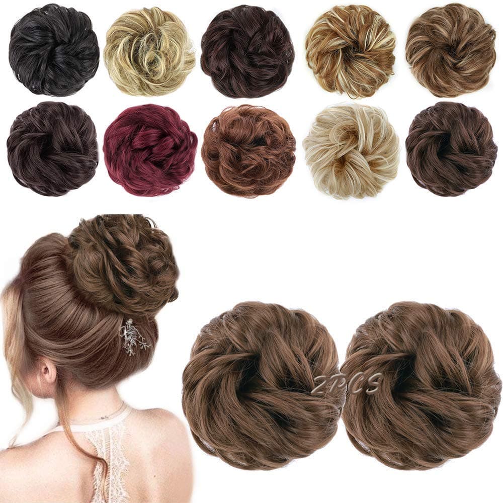 MORICA2PCS Messy Hair Bun Hair Scrunchies Extension Curly Wavy fake hair bun Synthetic Chignon hair pieces for Women(12#)