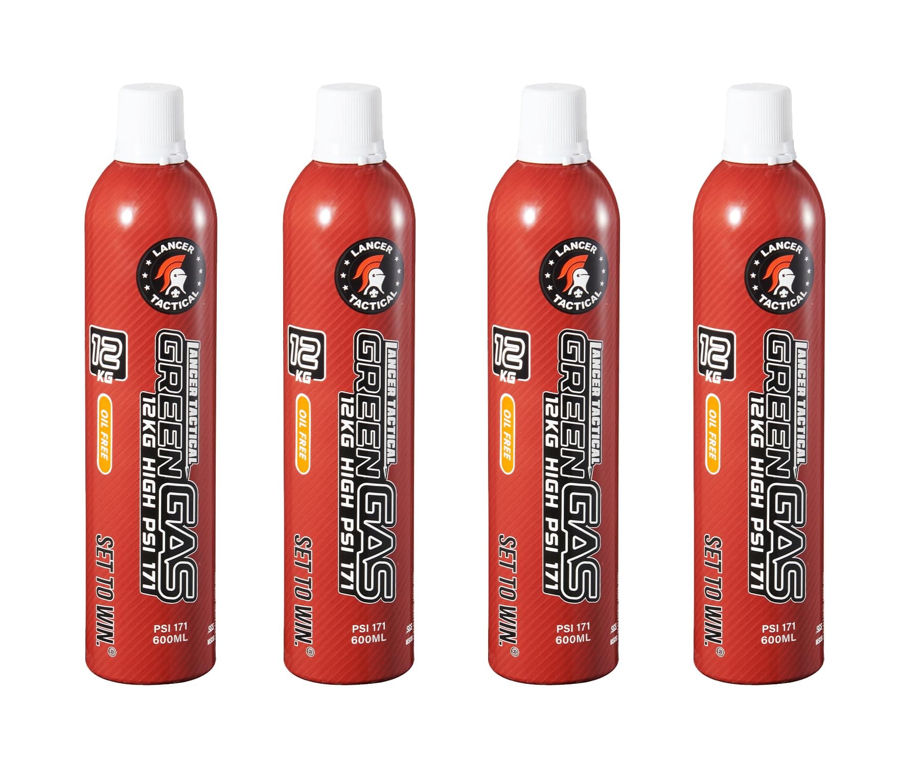 Lancer Tactical 600ml/20oz 12kg Powerful Green Gas High PSI G-1100 for Airsoft Pistol, Airsoft Rifle, Air Gun (Silicone Oil/Oil Free) -Pack of 4