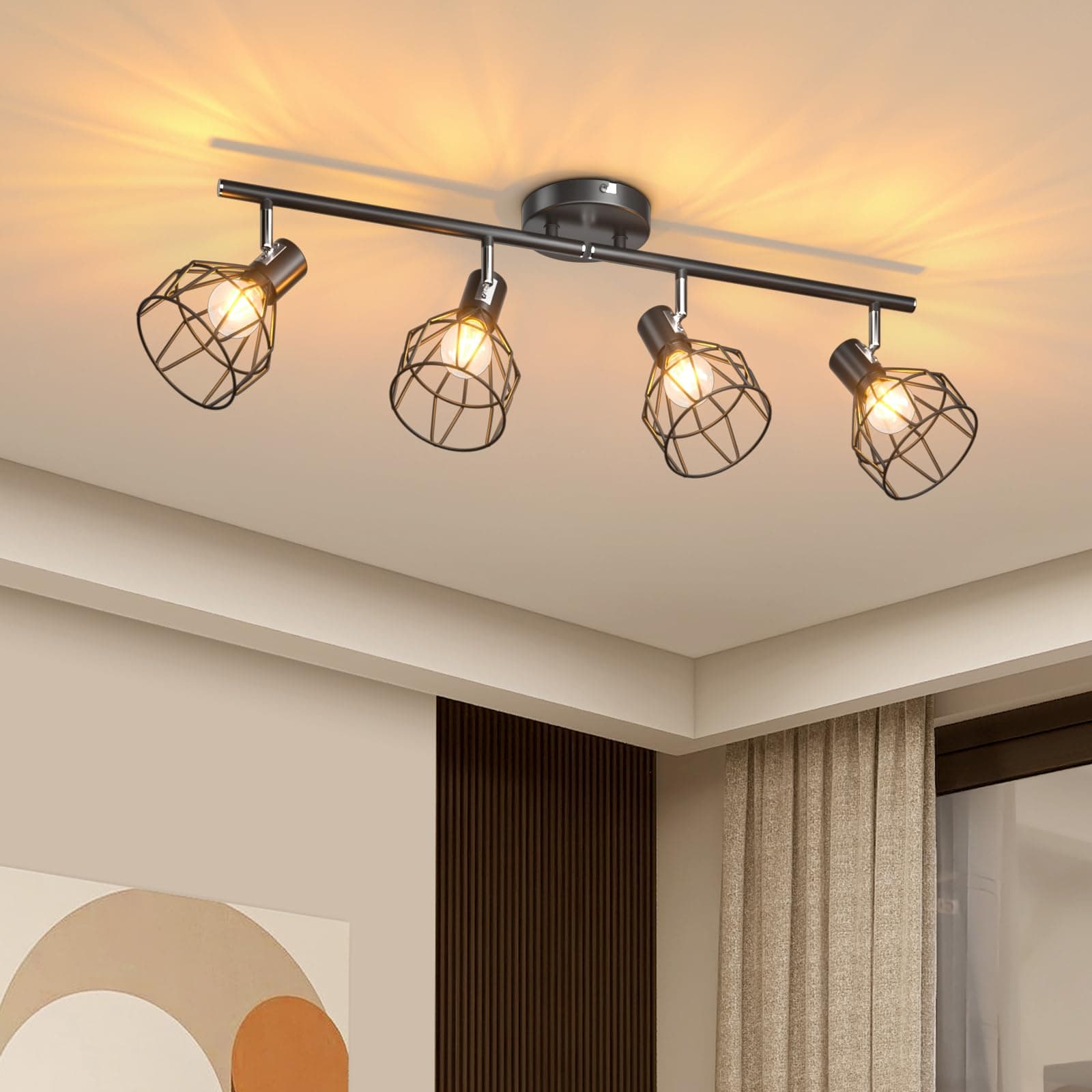 GORDNWE 4-Light Kitchen Track Lighting, Adjustable Metal Wire Cage Ceiling Light with E12 Base, Track Lighting Fixtures Black Farmhouse Ceiling Light Fixture Fits for Bedroom Living Room