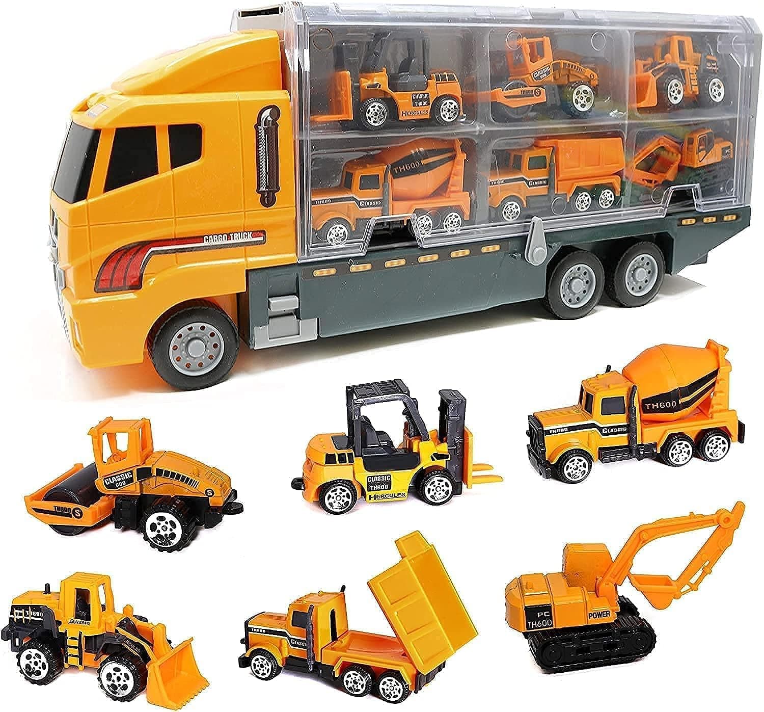 Mumoo Bear Construction Truck Toys Sets,6 In 1 Mini Die-Cast Truck Vehicle Car Toy In Carrier Truck,Gifts For 3 + Years Old Kids Boys Girls
