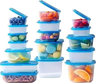 Premium Attached Food Storage Containers, Permanently Attached Plastic Lid, Never Lose & Space Saving Organization (17 Pack)