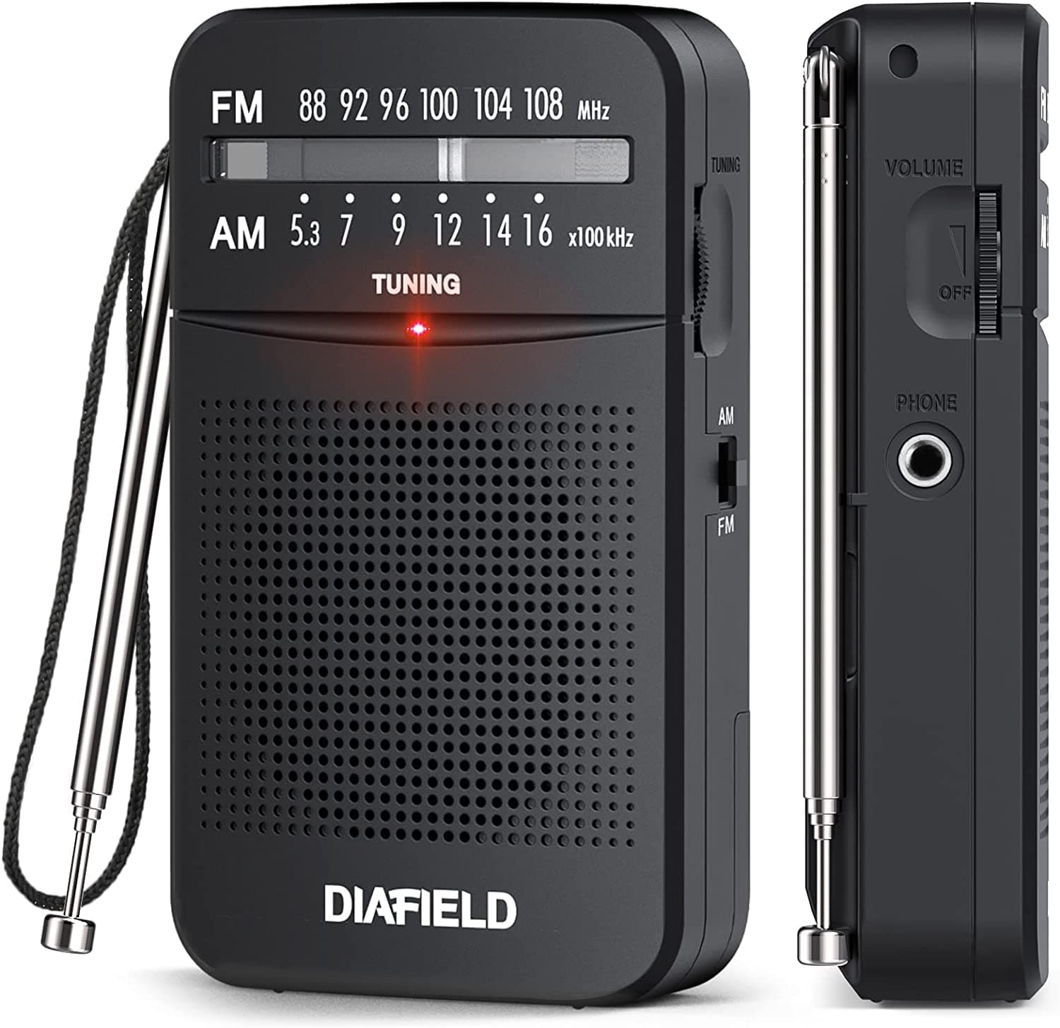 DIAFIELD Small Am/FM Portable Radio with Speaker and Earphone-Jack Mini Radio Works with 2 AA Batteries (not Included) Excellent Signal