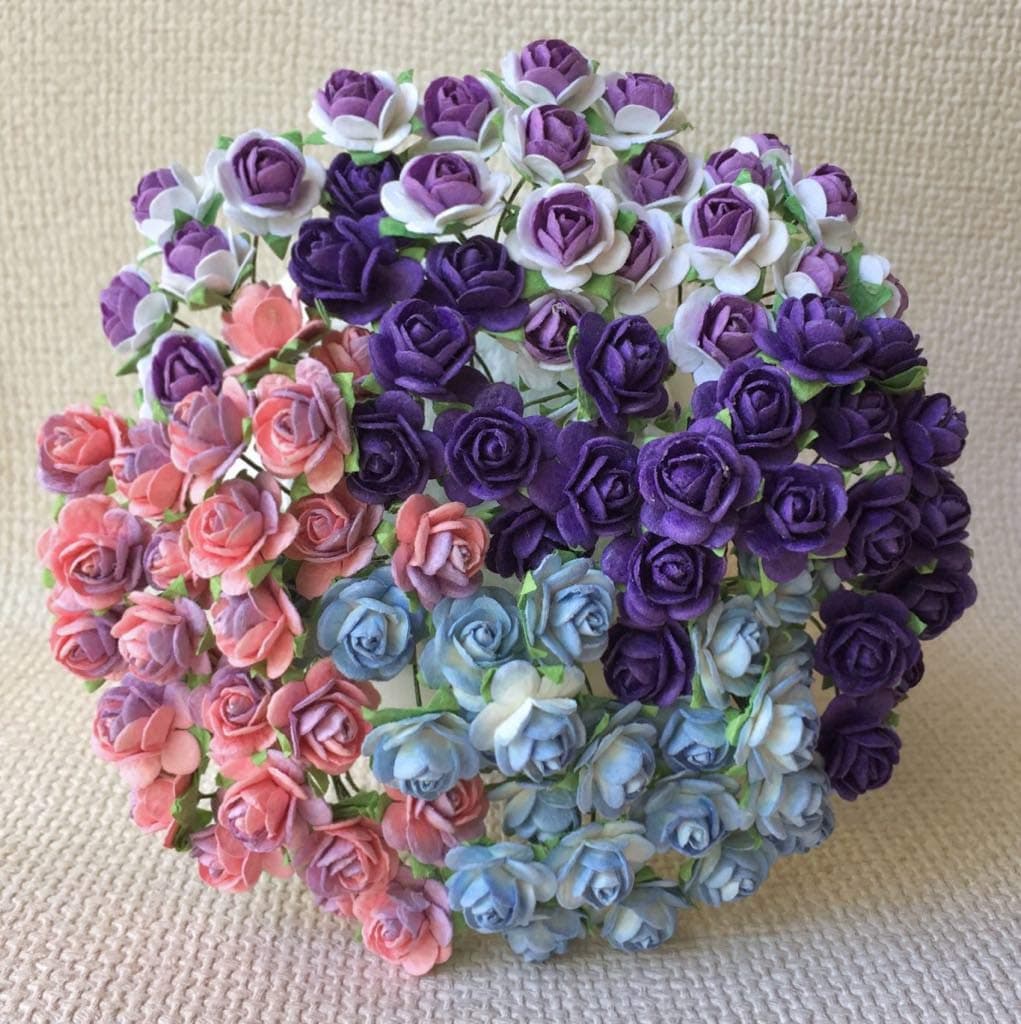 100 pcs Mini Rose Mixed Purple Color Mulberry Paper Flower 15mm Mini Paper Flowers for Craft Scrapbooking Wedding Card Supplies Embellishment, Small Roses