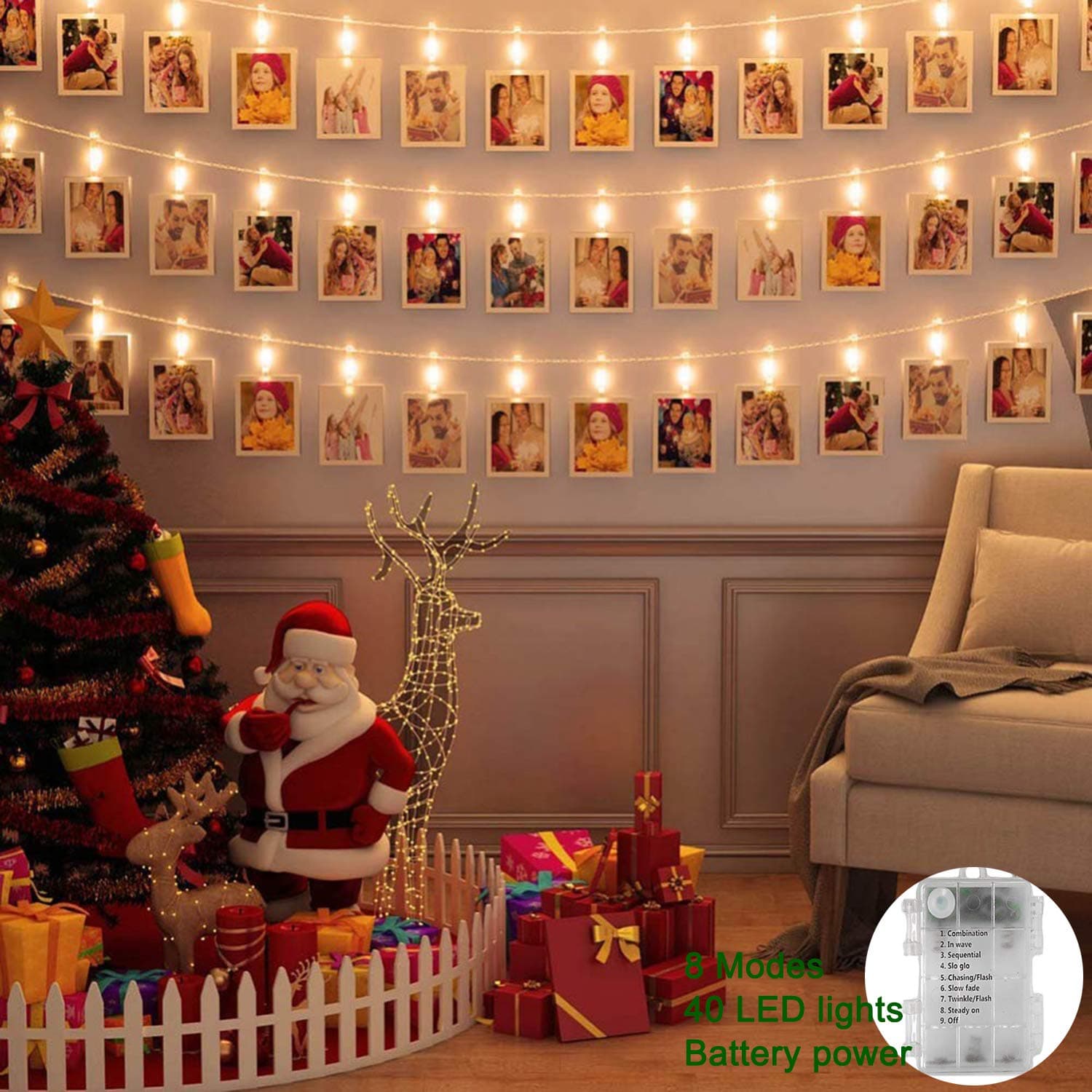 LED Photo Clip String Lights 5M Twinkling Fairy String Lights with 40 Clips Battery Powered Hanging Photo String Lights for Decoration Bedroom Wedding Party Christmas (Warm White)