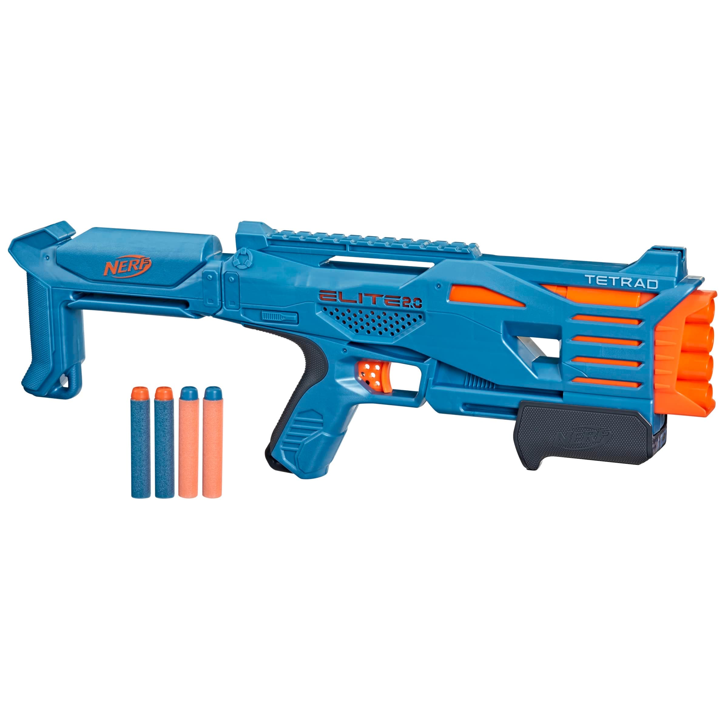 Elite 2.0 Tetrad QS-4 Blaster, Includes 4 Nerf Elite Darts, 4-Barrel Blasting, Tactical Rail for Customizing Capability, Pump Action