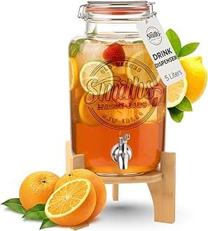 Glass Drink Dispenser with Tap – 5L Mason Jar Beverage Container with Stainless Steel Spigot – Water Dispenser with Tap for Juice, Iced Tea, Cocktail, Picnic, BBQ, Parties, Counter