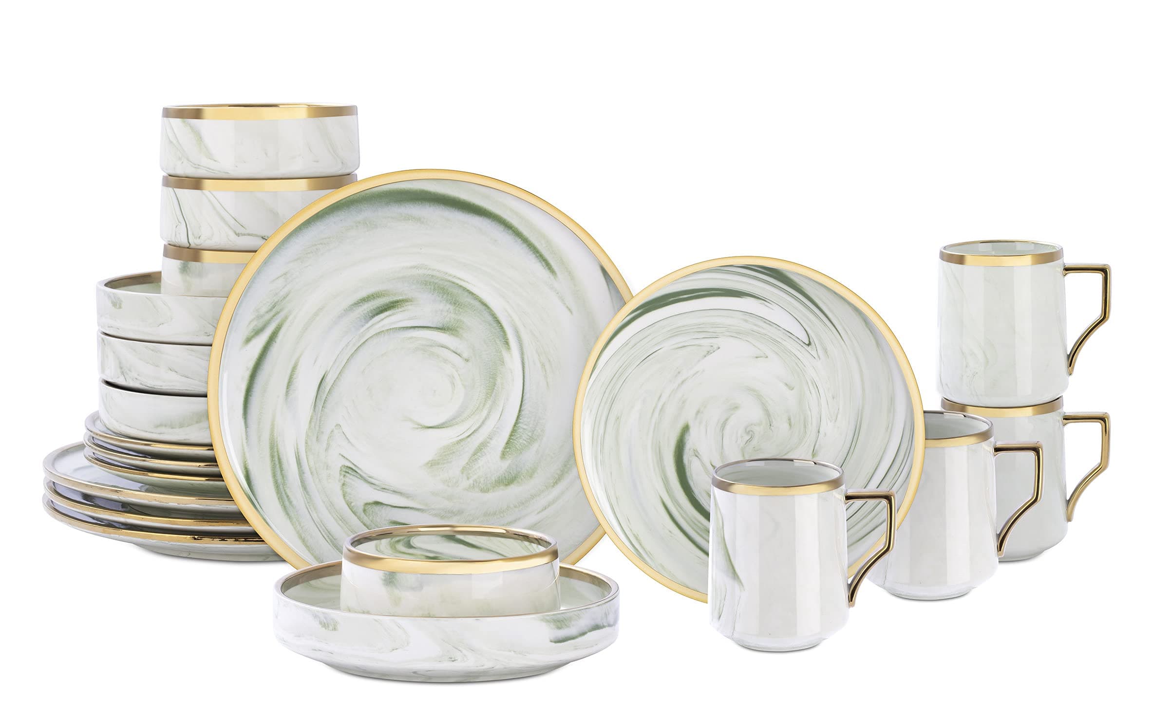 20 Piece Plates and Bowls Sets, Fine China Artisan Marbled Dinner Set for 4, Dishwahser Safe, Scratch Resistant, Green with Gold Line
