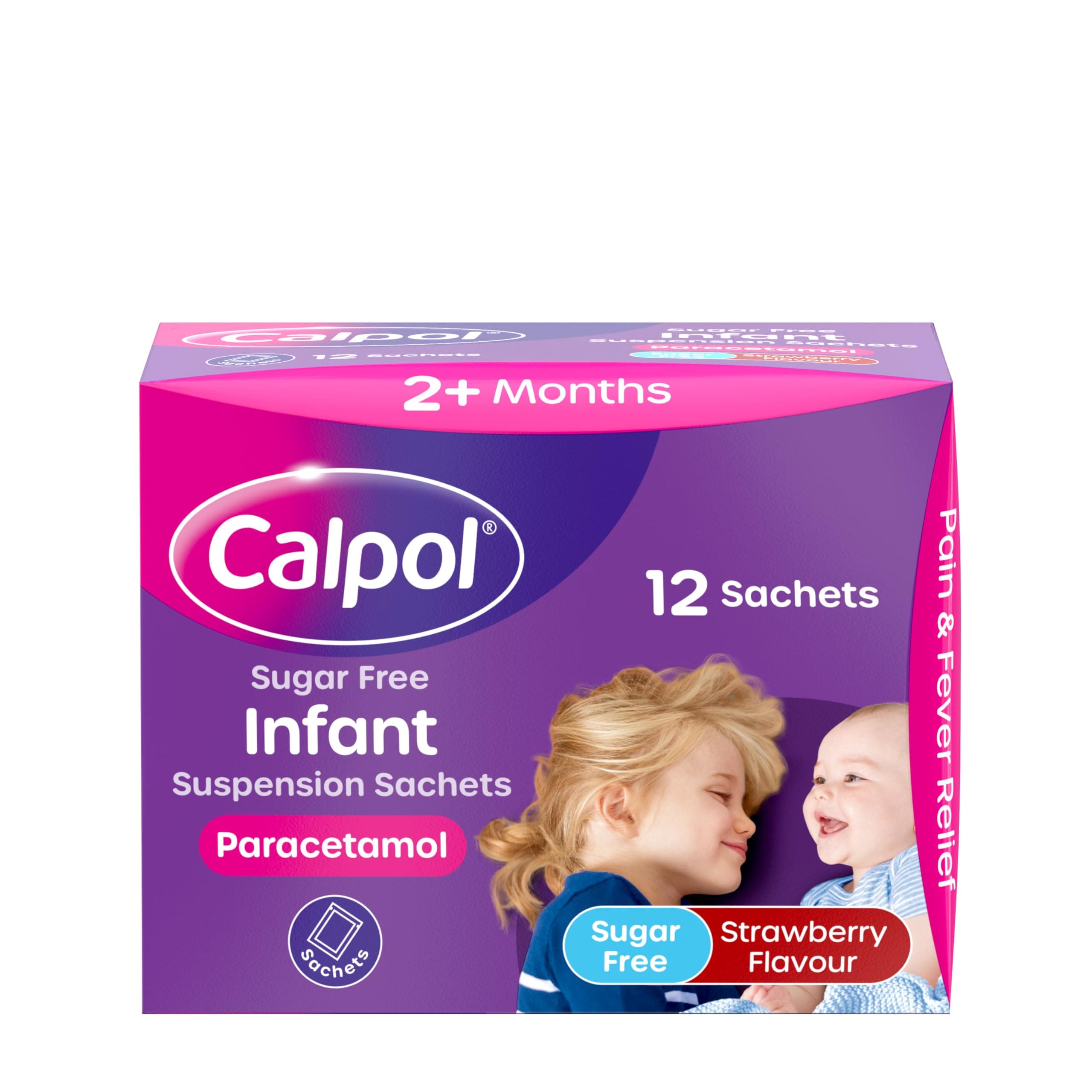 Calpol Sugar-Free Infant Suspension Paracetamol Sachets (12 x 5ml), Calpol Sachets with Strawberry Flavour Paracetamol for Fever & Pain Relief, Suitable for 2+ Months Babies & Kids