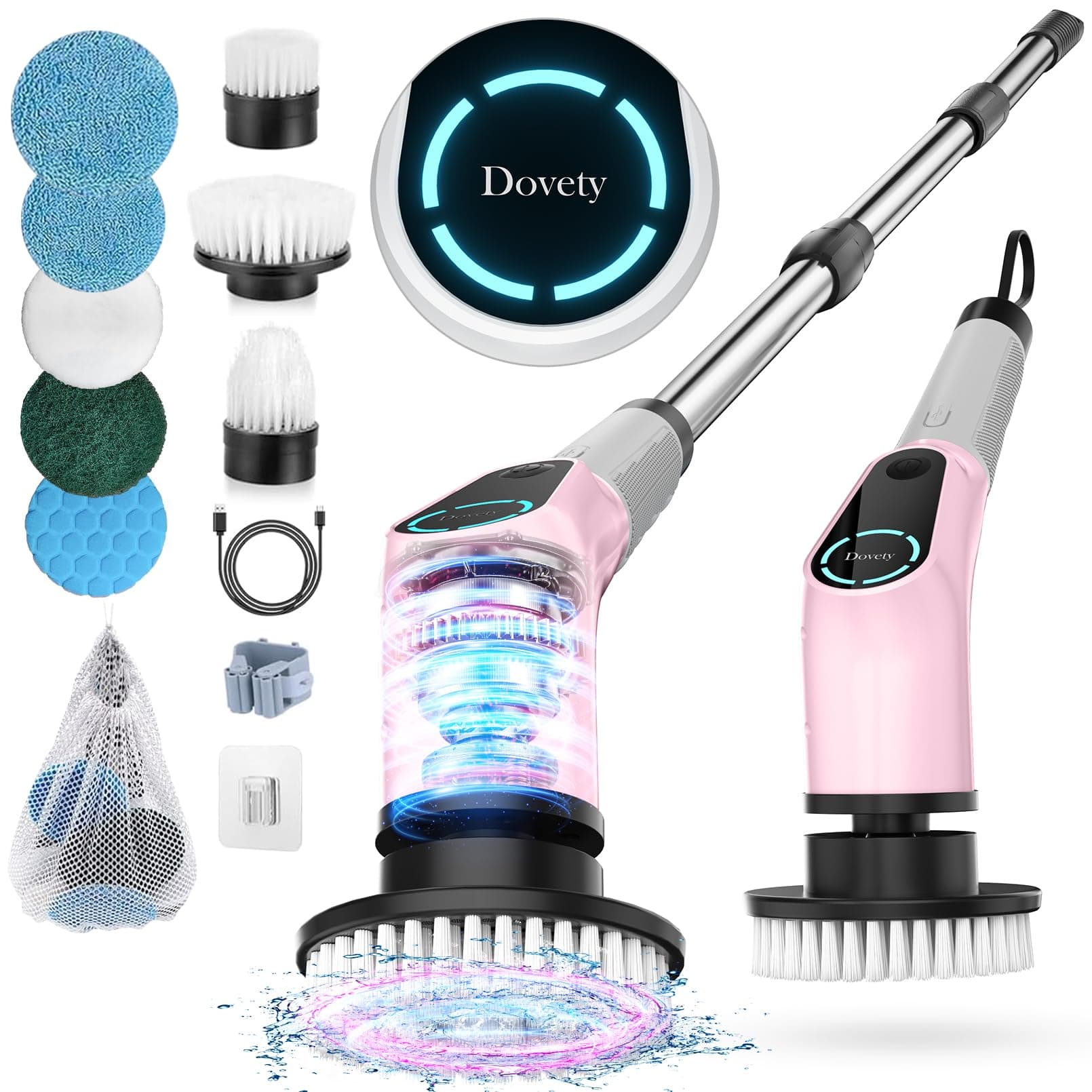 Dovety Electric Spin Scrubber, Cordless Cleaning Brush, Shower Scrubber with 8 Replaceable Brush Head, Power Cleaning Brush with Extension Handle, 2 Adjustable Speed, for Bathtub Tile Floor (Pink)