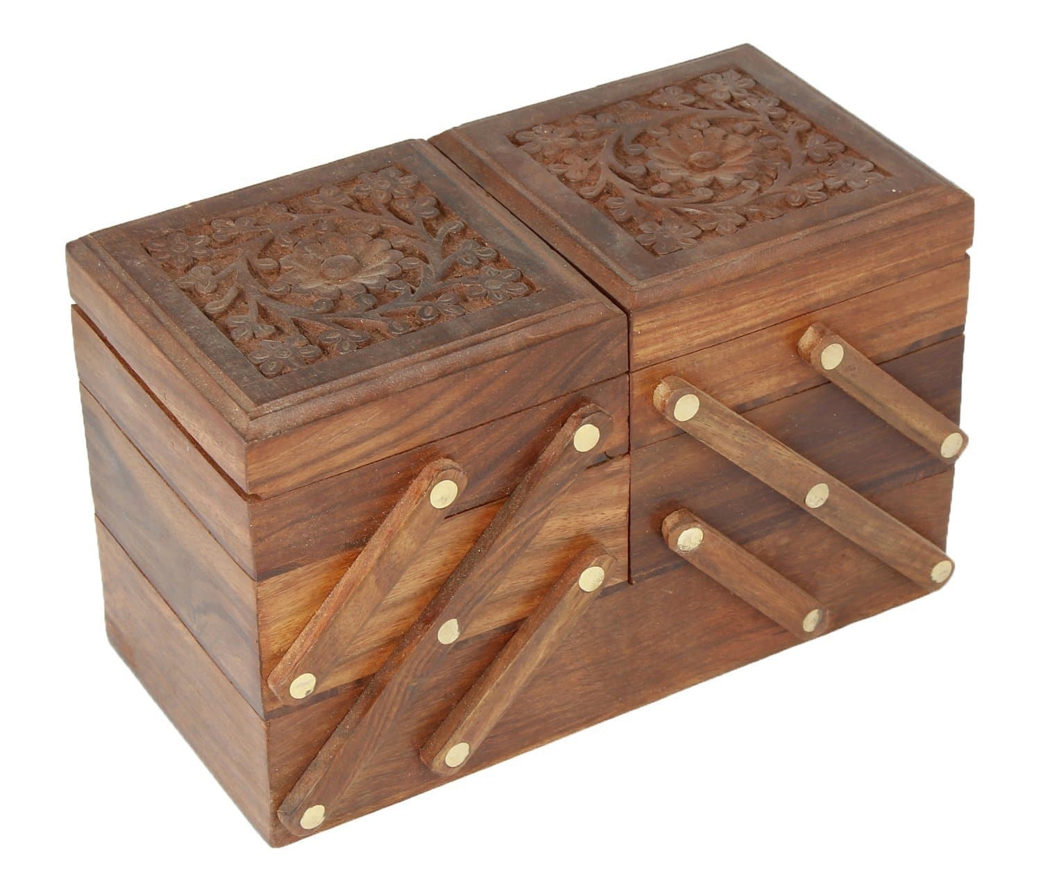 ITOS365 Wooden 5-in-1 Jewellery Box for Women - Wood Brown Finish | Handmade Jewellery Storage Ogranizer With Multiple Compartments & Carvings | Birthday & Valentine Gift For Women