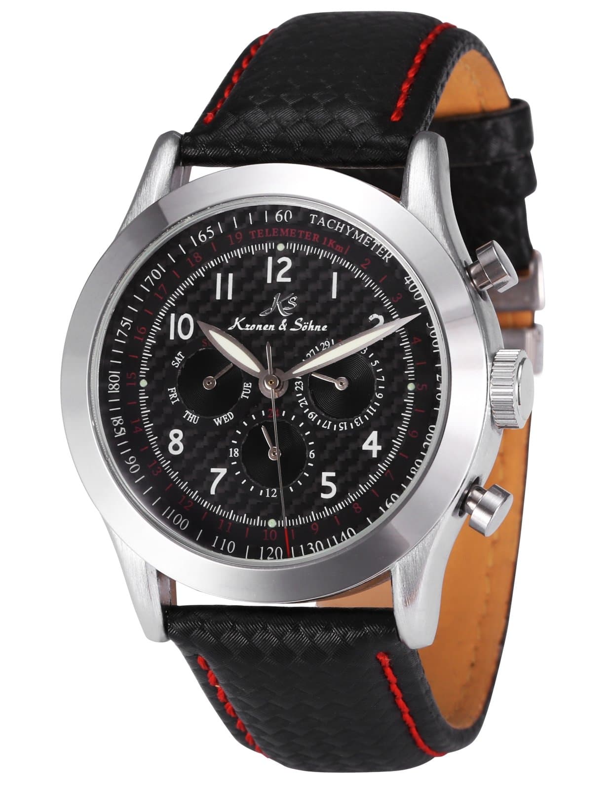 Ks Men's Automatic Mechanical Day Date 24Hour Carbon Black Leather Band Wrist Watch KS127