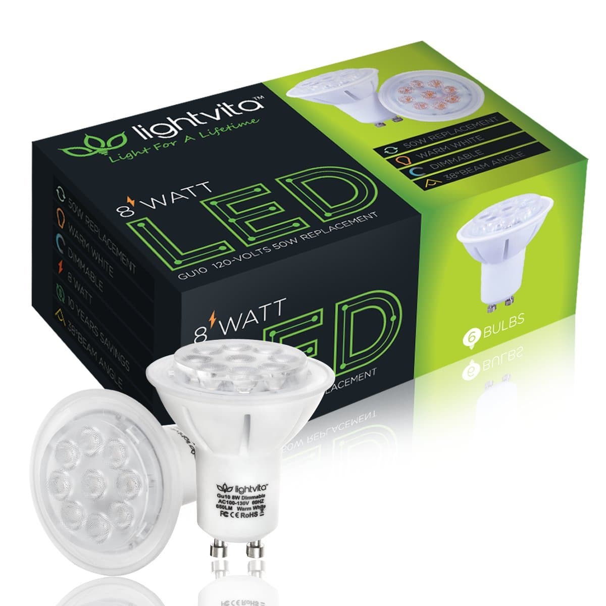 Lightvita(TM) (6-Pack) 8W MR16 GU10 LED Bulbs,50W Halogen Bulbs Equivalent, Dimmable, 600lm, Warm white, 3000k