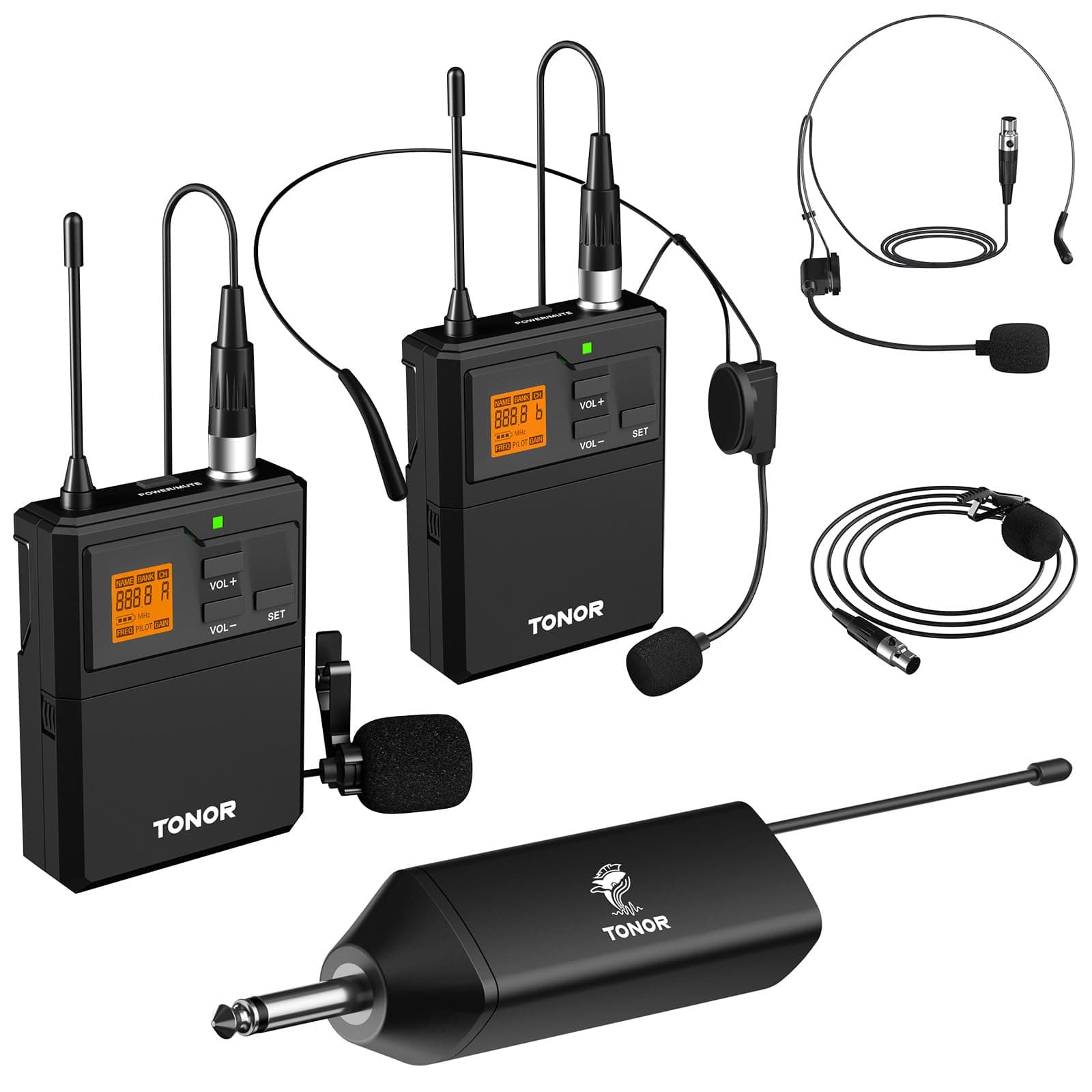 TONOR UHF Wireless Microphone System with Headset Lavalier Lapel Mic, Bodypack Transmitter, Rechargeable Receiver, 2 * 15 Channels 60 m/200ft Range 1/4" Output for Recording, 2 Bodypack Mics