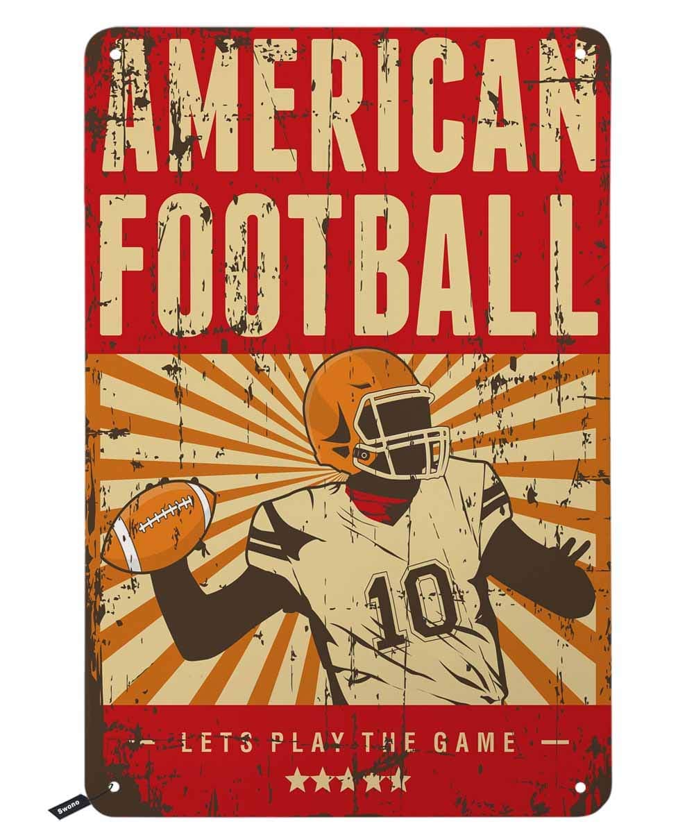 Swono American Football Tin Signs,Gamer Play Football on Red Background Vintage Metal Tin Sign For Men Women,Wall Decor for Bars,Restaurants,Cafes Pubs,12x8 Inch