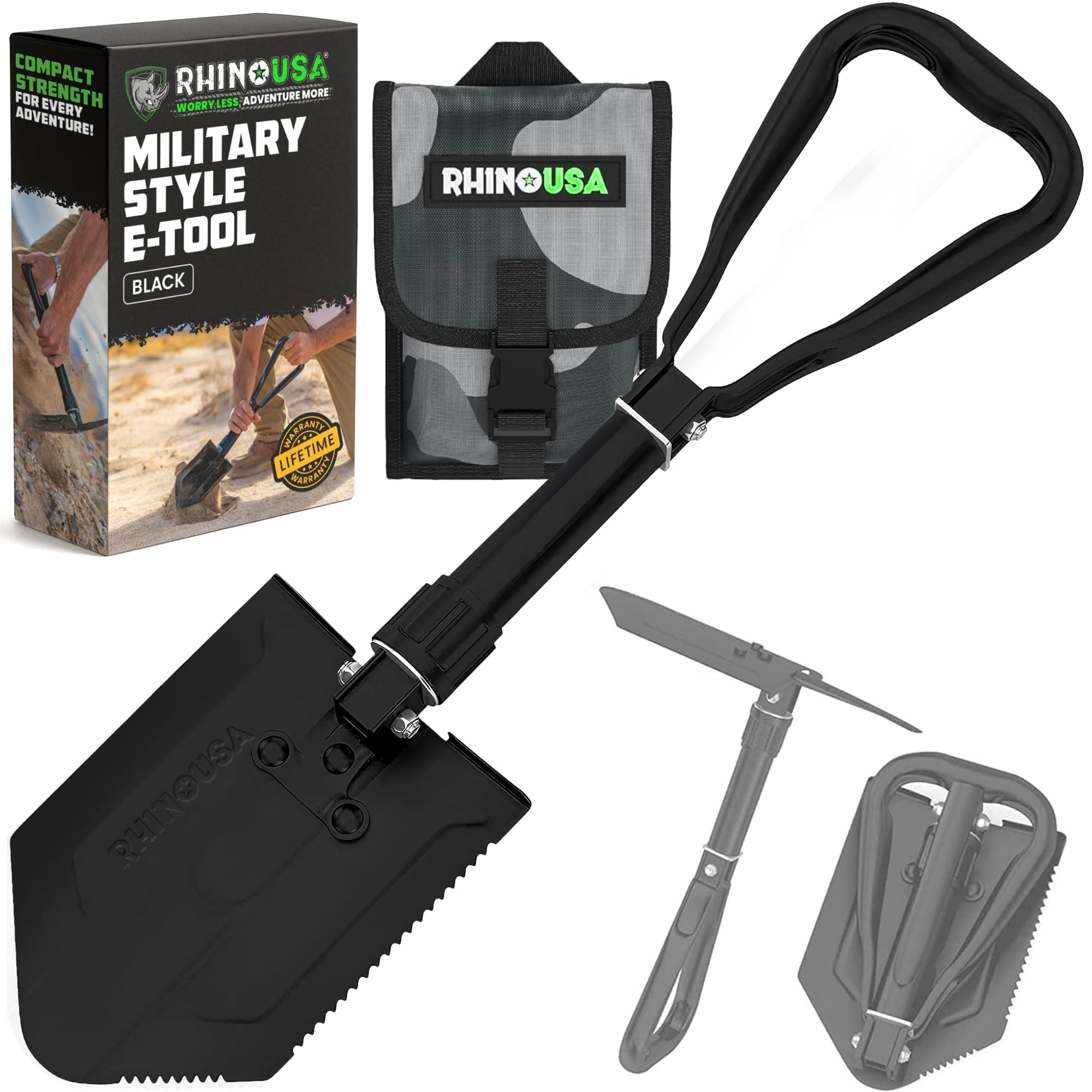 Rhino USA Folding Survival Shovel w/Pick - Heavy Duty Carbon Steel Military Style Entrenching Tool for Off Road, Camping, Gardening, Beach, Digging Dirt, Sand, Mud & Snow - Guaranteed for Life!