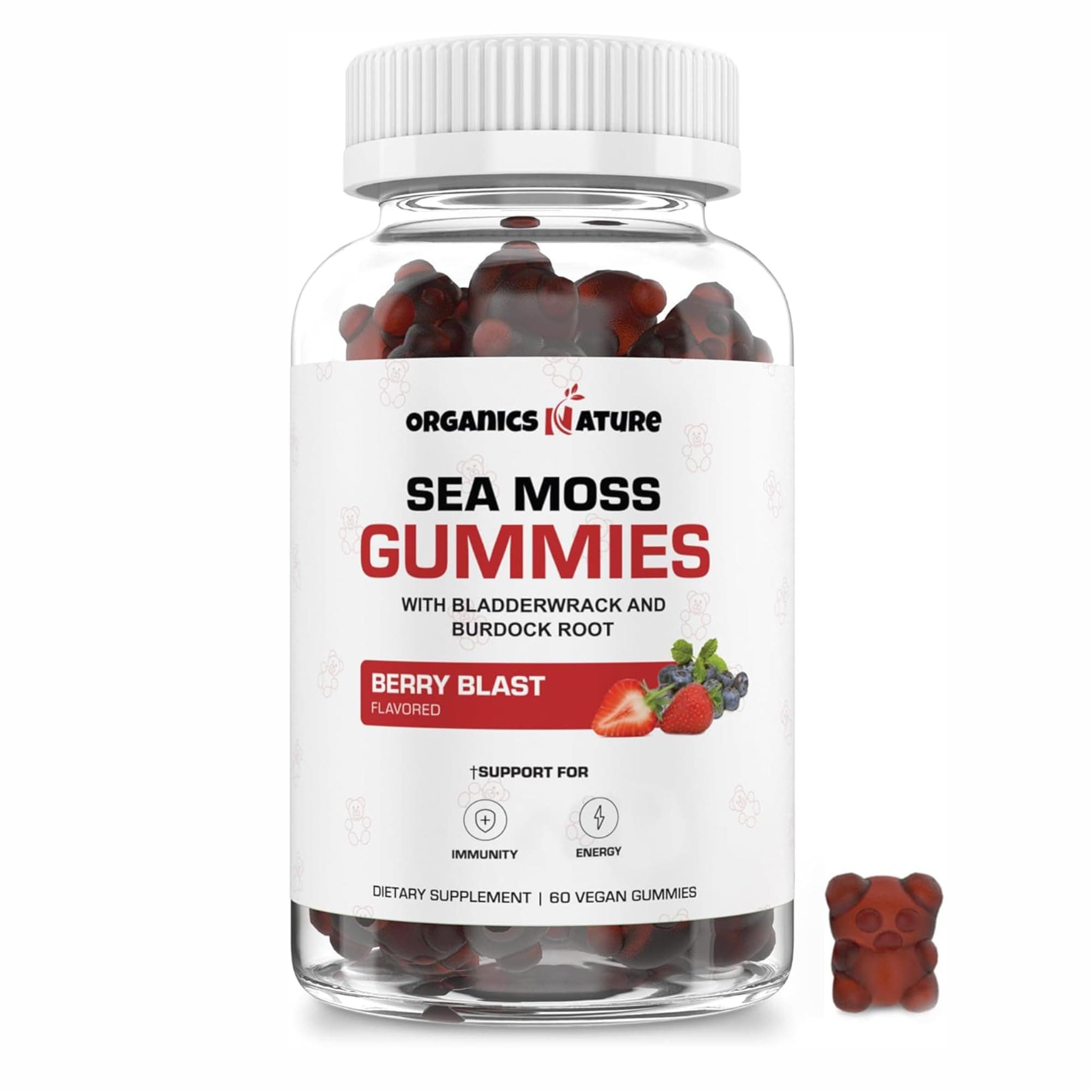 ORGANICS NATURE Irish Sea Moss Gummies for Lung Detox, Thyroid, Strength Immune & Energy Support, Vegan Seamoss Gummies for Kids & Adults - 60 Vegan Gummy Bears Berry Flavored