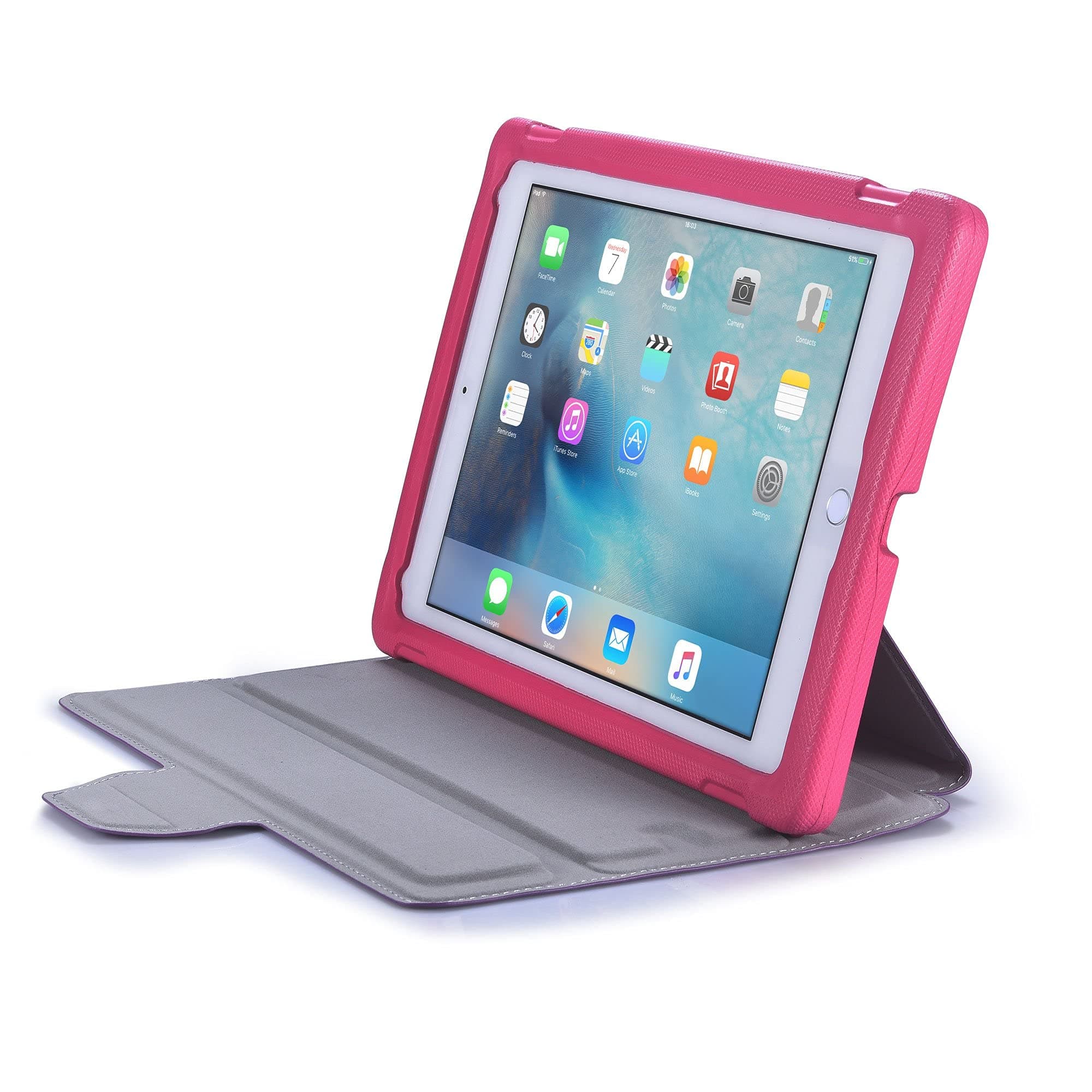 iPad 6 Case for Kids, iPad 5, iPad Pro 9.7, iPad Air 1, iPad Air 2 [Kid Friendly Case w/ Screen Cover] Bam Bino Box Shock Proof iPad Kids Case for Girls | Stand, Handle, Screen Protector [Pink/Purple]