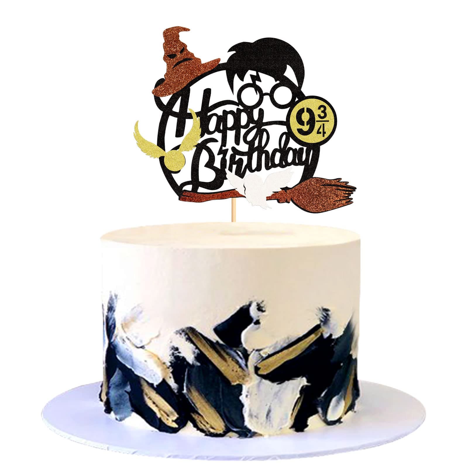 1Pc Glitter Black Magical Wizard Inspired Cake Topper Happy Birthday Cake Topper Pick for Magic Theme Party Supplies